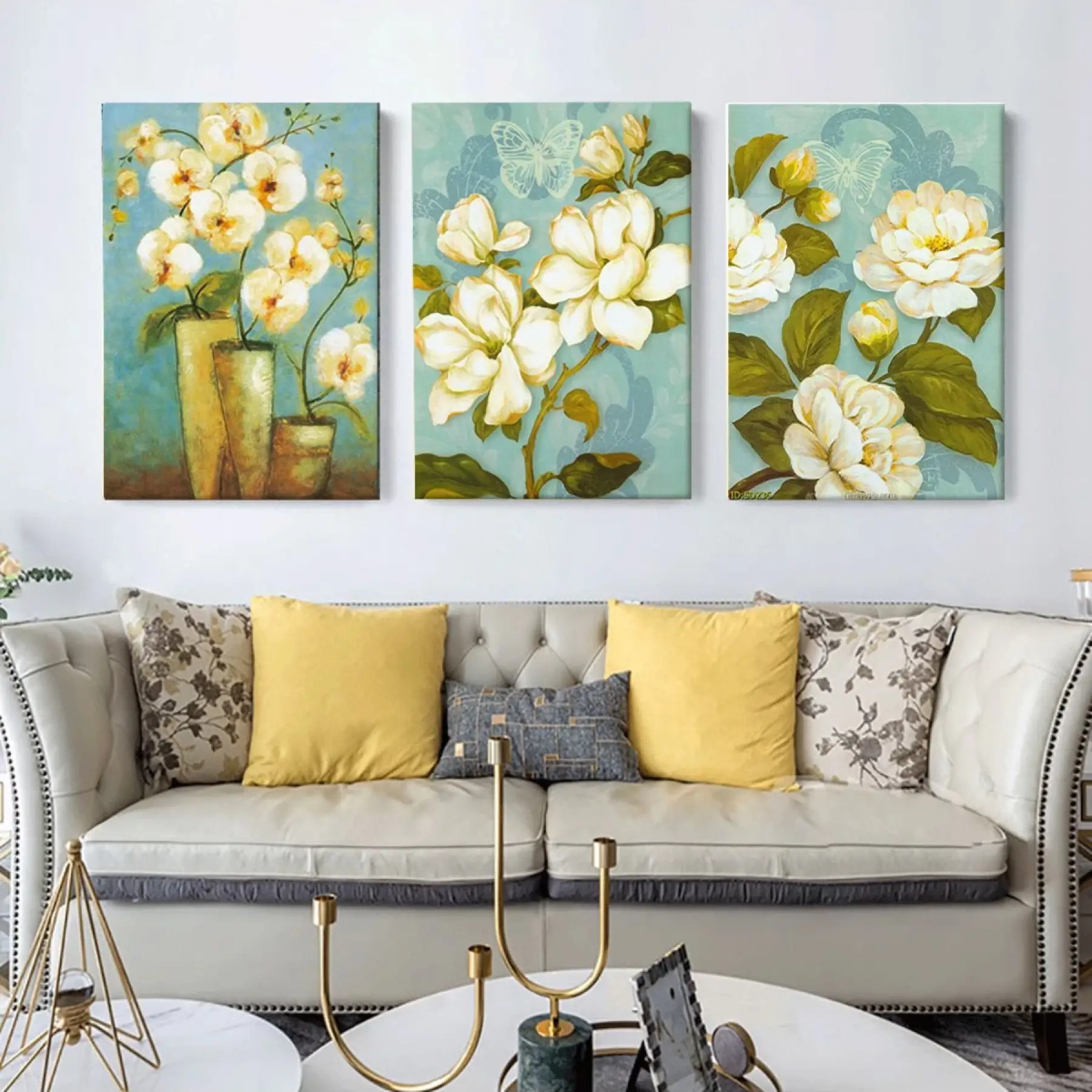 3 Parça Beyaz Manolya Çiçeği Dekoratif Kanvas Tablo Takımı