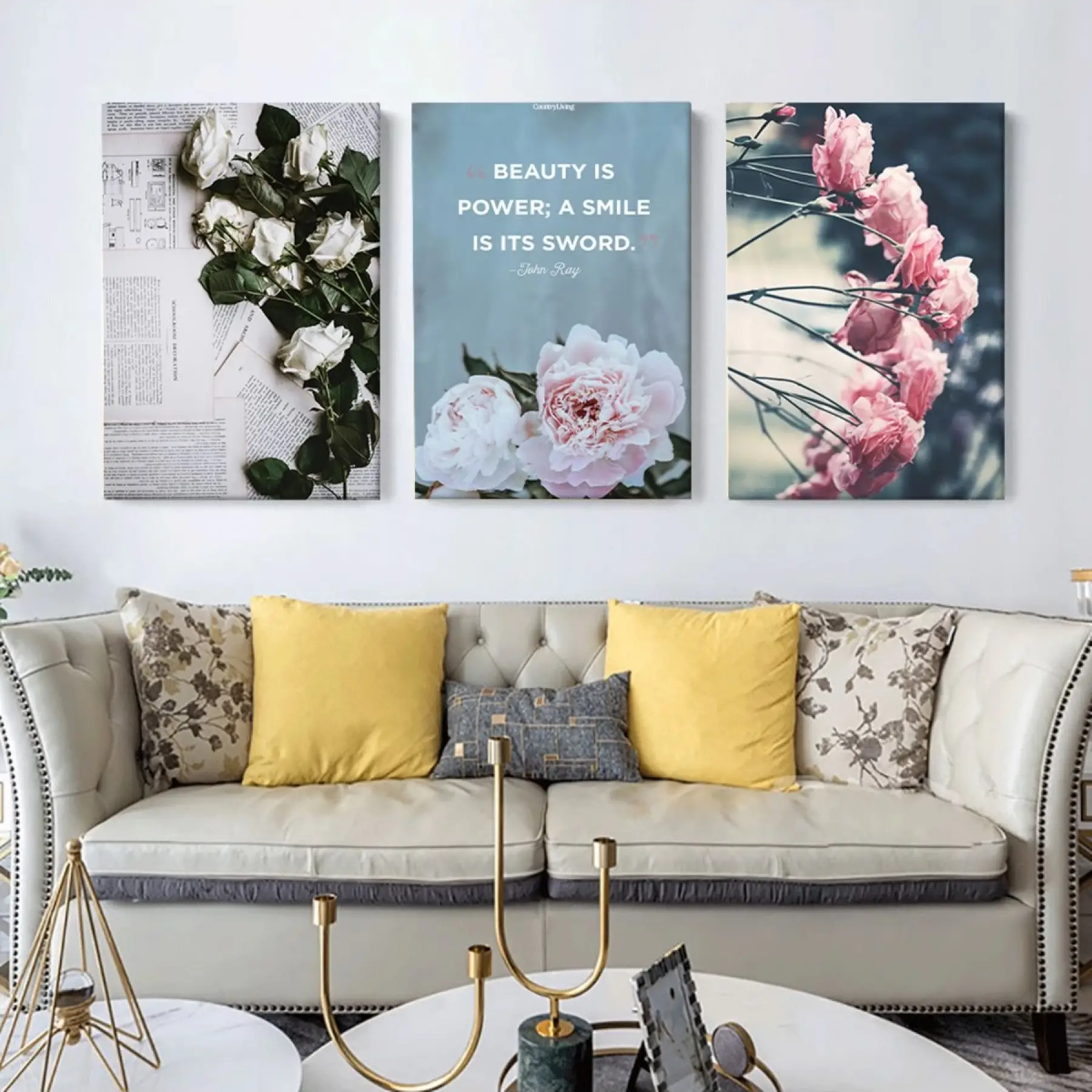 3 Parça Dekoratif Güller Kombin Kanvas Tablo Takımı