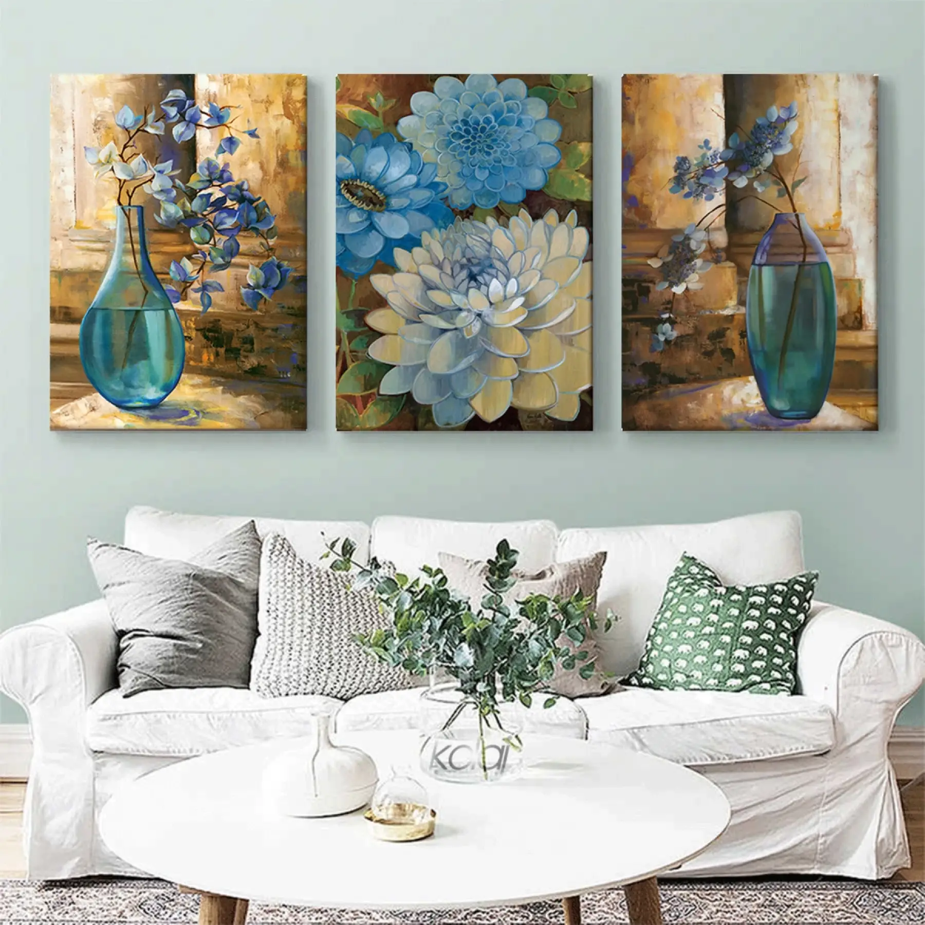 Vazoda Mavi Çiçekler Vintage Natürmort Üç Parçalı Kanvas Tablo Seti