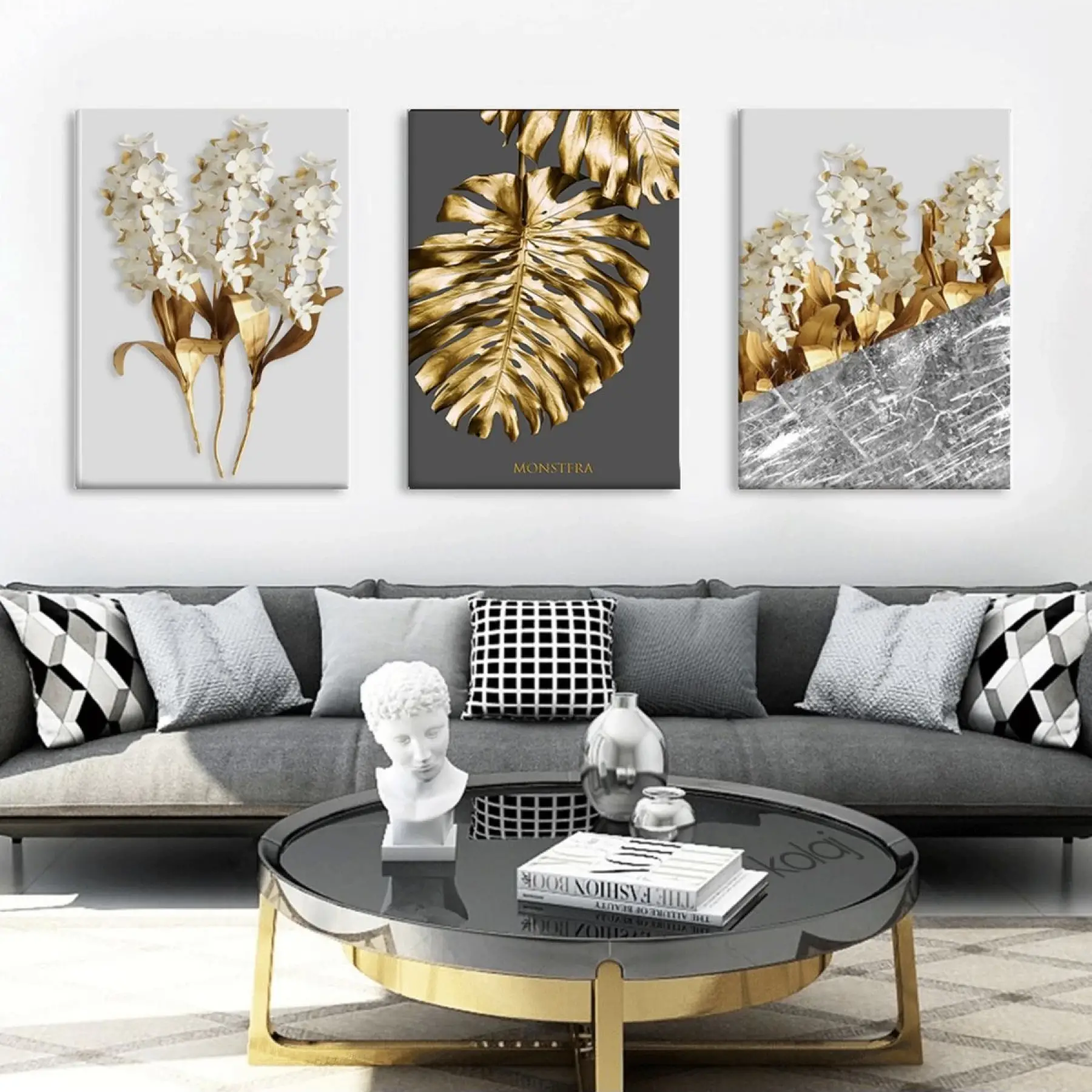 Altın Çiçekler Dekoratif Soyut 3lü Kanvas Tablo Seti