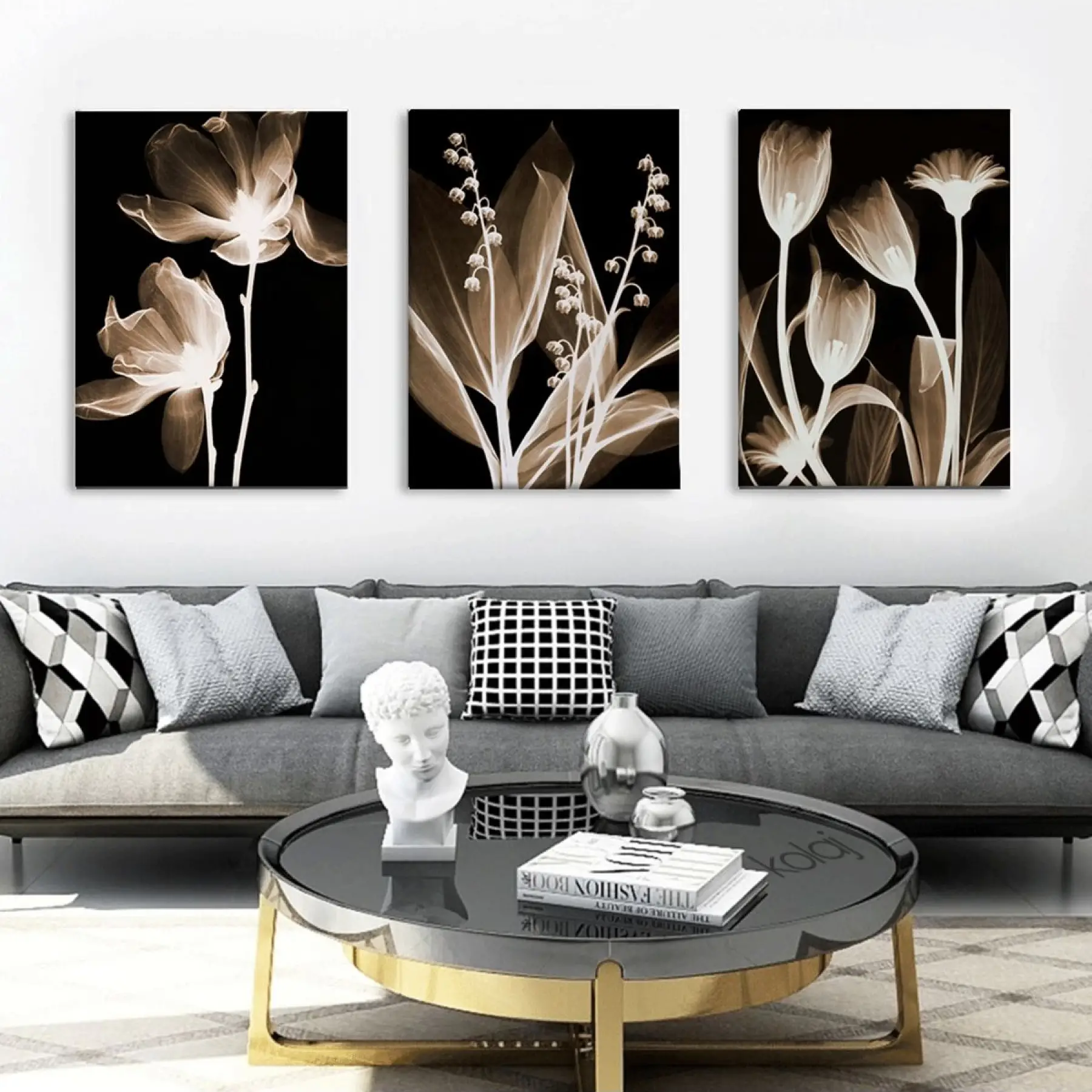 Siyah Zemin Üzerinde Dekoratif Çiçekler Duvar Tablosu 3’lü Kanvas Tablo Seti