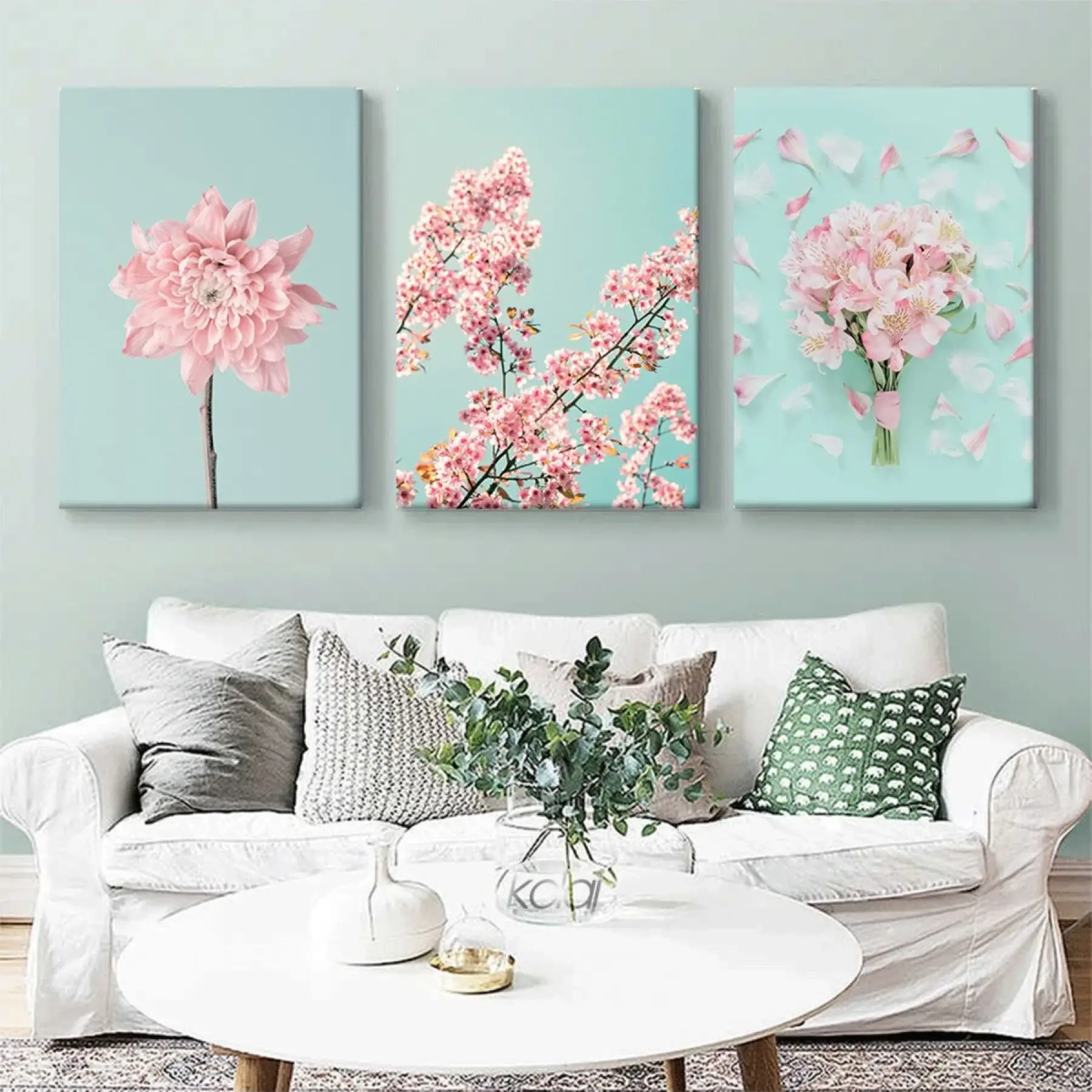 İskandinav Tarzı Pembe Kiraz Çiçekleri 3 Parça Kanvas Tablo Seti