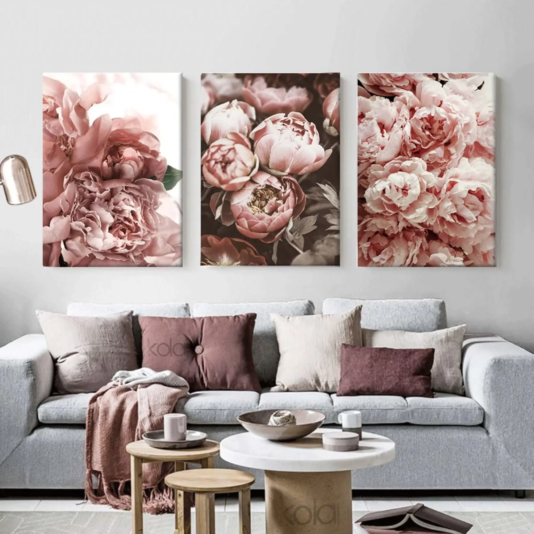 Pembe Şakayık Çiçekleri Dekoratif Üçlü Kanvas Tablo Seti