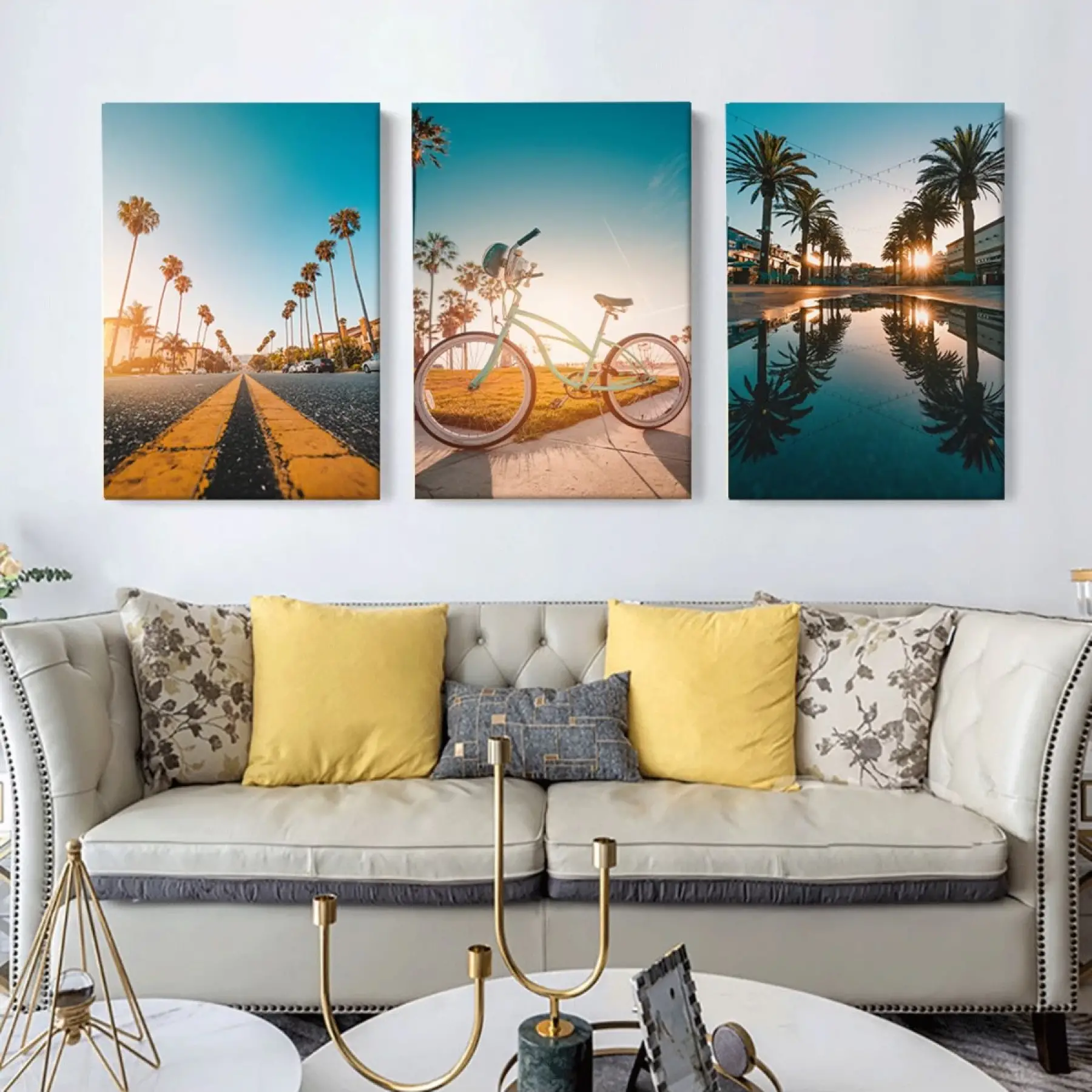 Kaliforniyada Akşamüstü Dekoratif Üçlü Kanvas Tablo Seti
