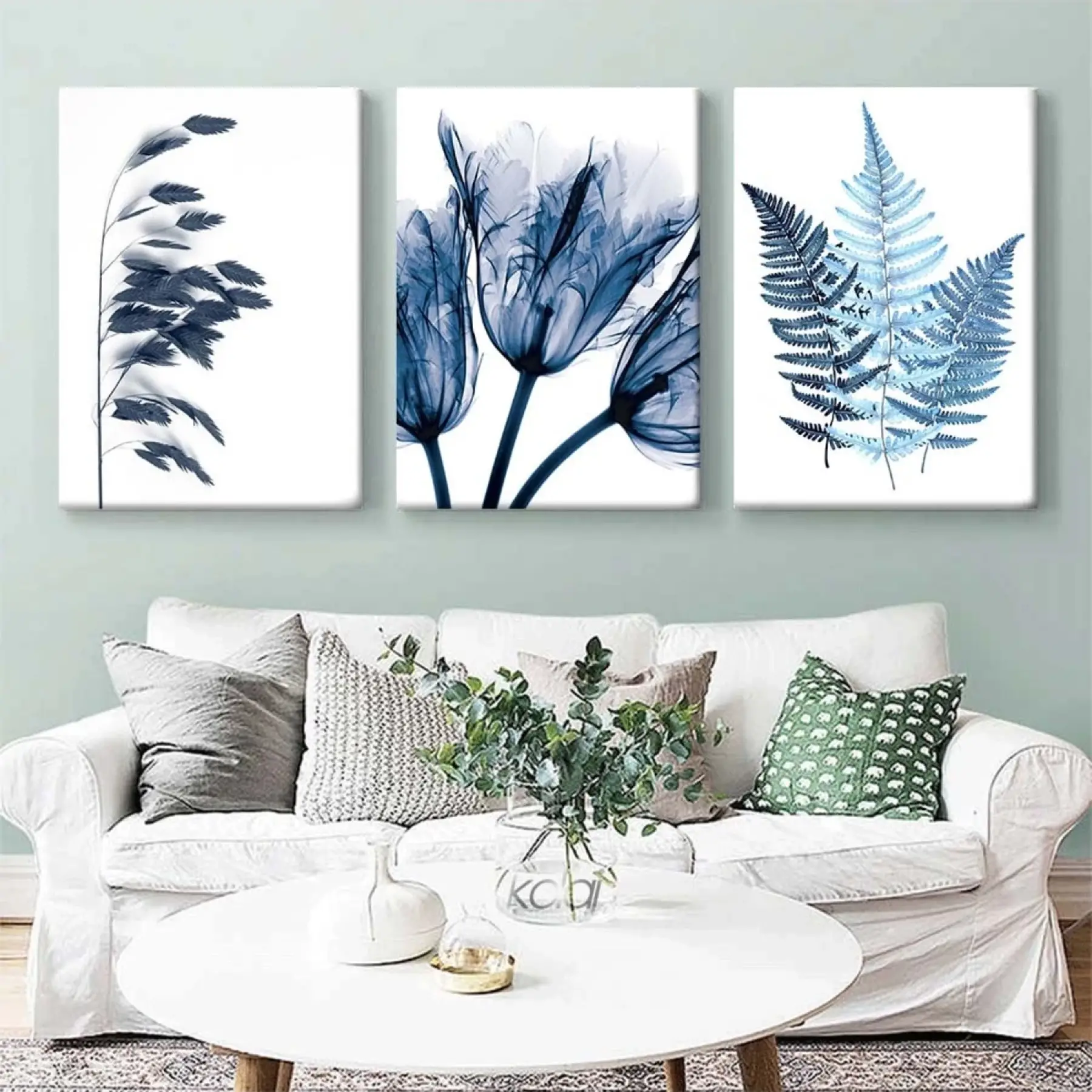 Suluboya Dokulu Mavi Bitkiler 3lü Kombin Dekoratif Kanvas Tablo Seti