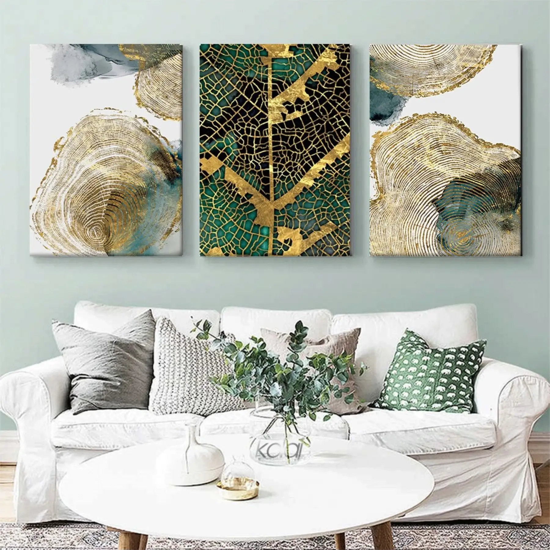 Soyut Modern Altın Detaylı Yaprak Üç Parçalı Kanvas Tablo Seti
