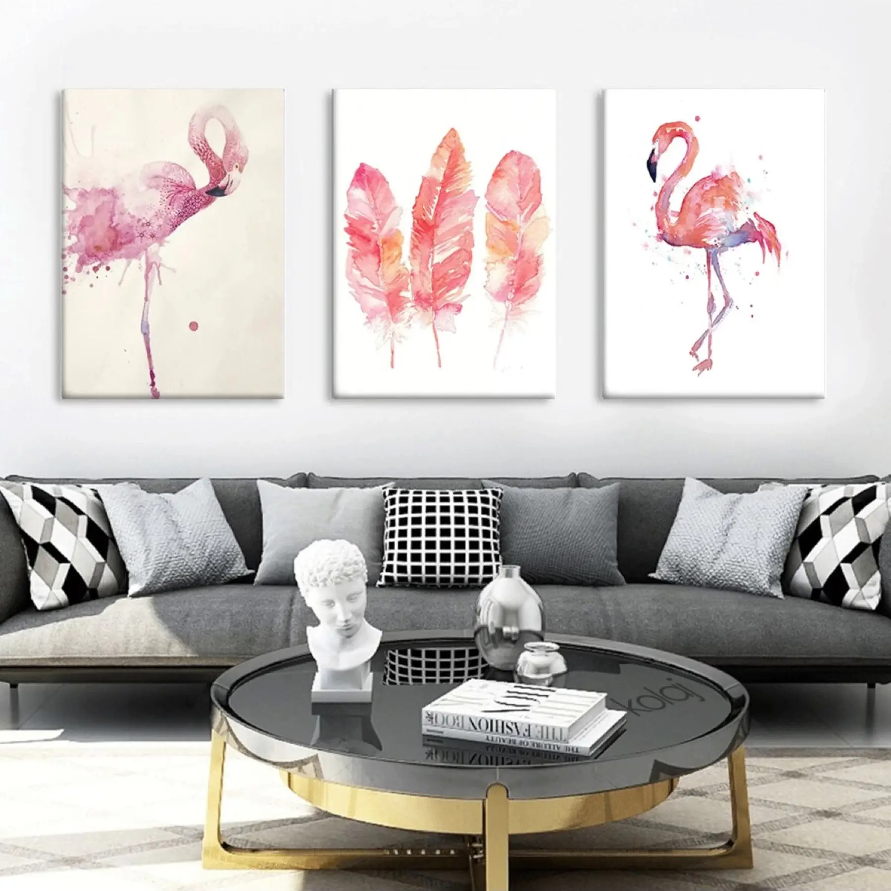 Dekoratif Soyut Flamingolar Üçlü Kanvas Tablo Seti
