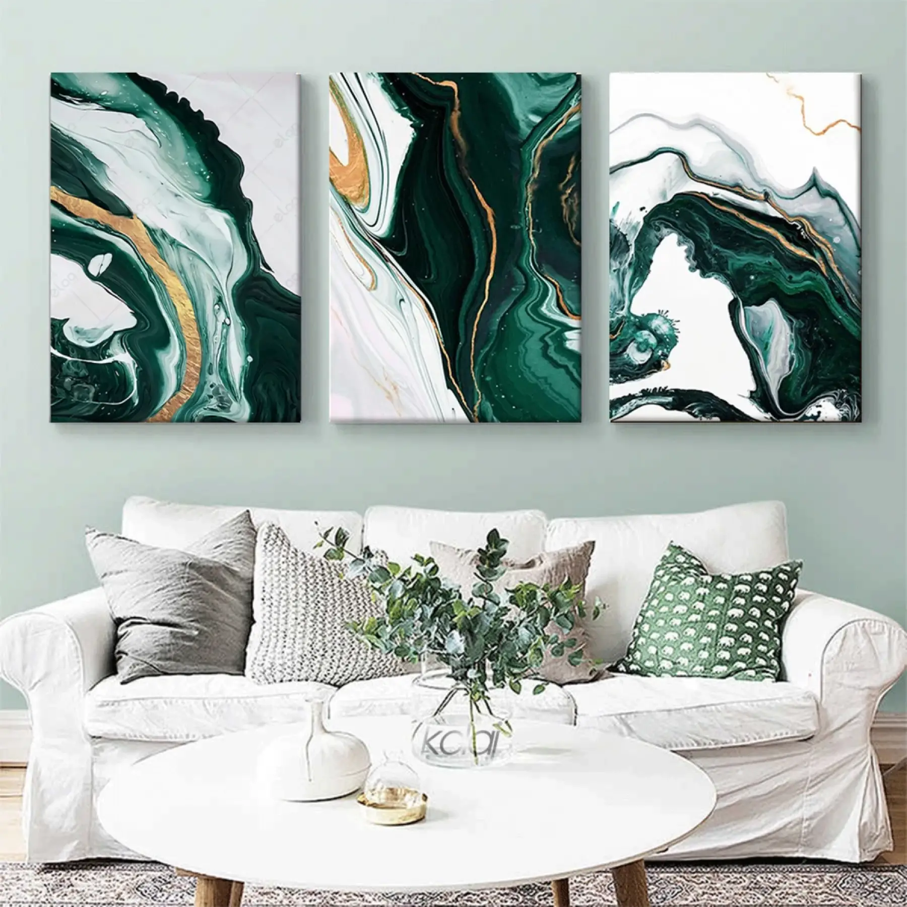 Dekoratif Modern Soyut: Koyu Yeşil ve Altın Hatlar Üçlü Kanvas Seti