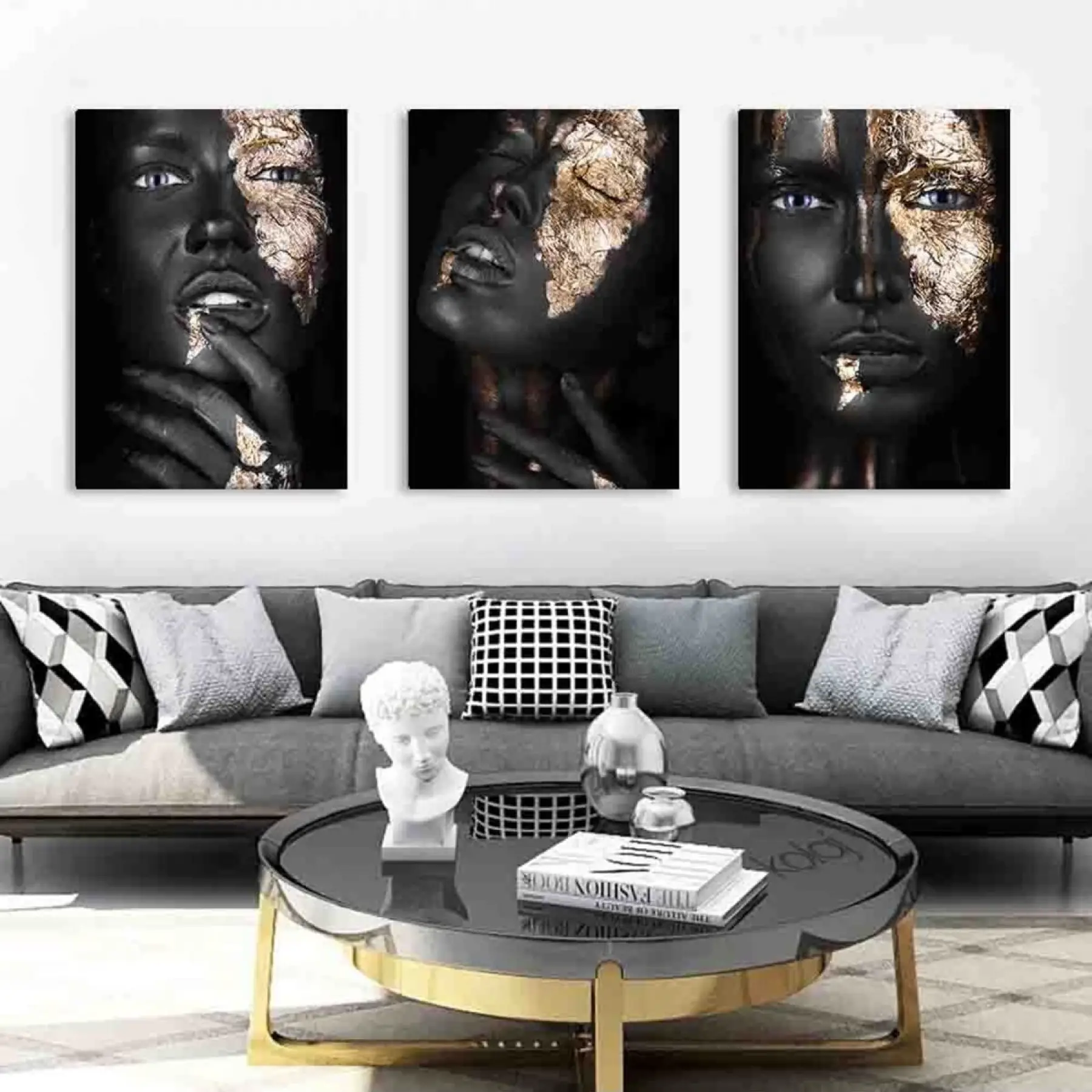 Afrikalı Siyahi Kadınlar Dekoratif 3lü Kombin Kanvas Tablo