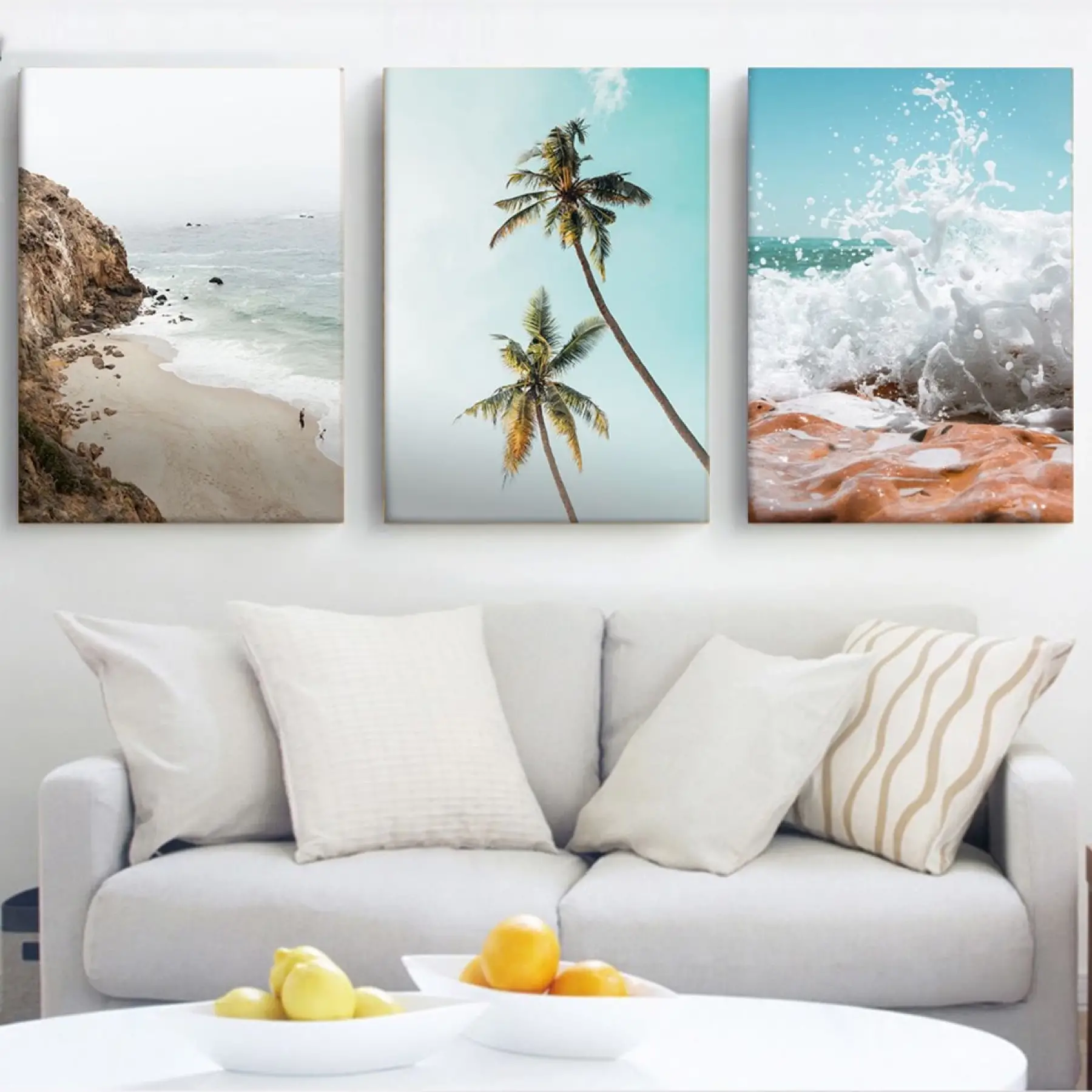 Palmiye Ağaçları ve Plaj 3lü Kombin Kanvas Tablo Seti