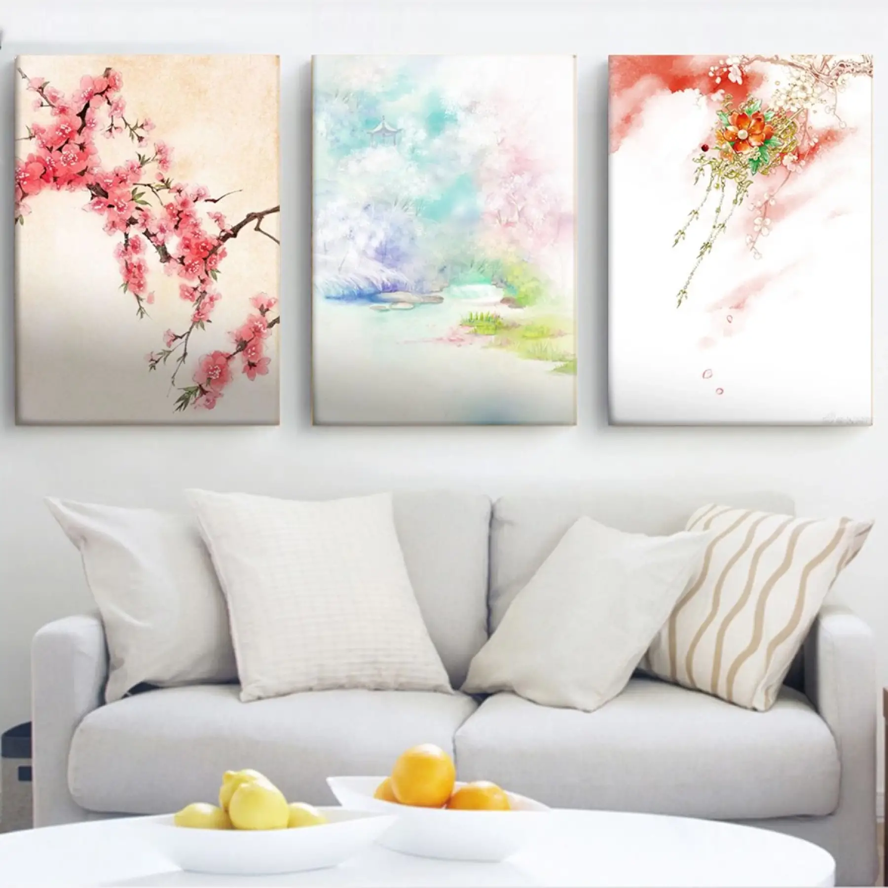 Japon Tarzı Suluboya Görünümlü Kiraz Çiçekleri Üçlü Kanvas Tablo Seti