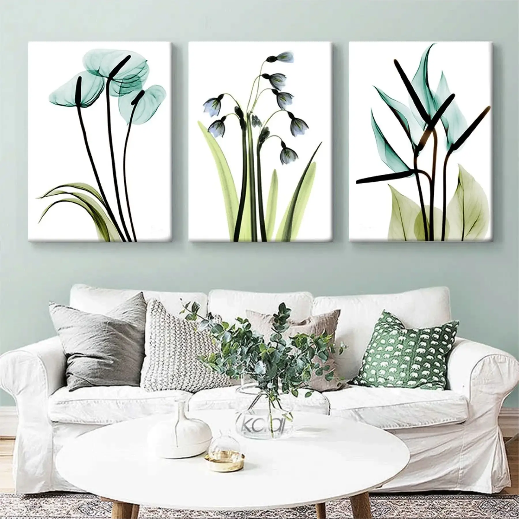 Modern Dekoratif Şeffaf Çiçekler 3lü Kanvas Kombin Tablo