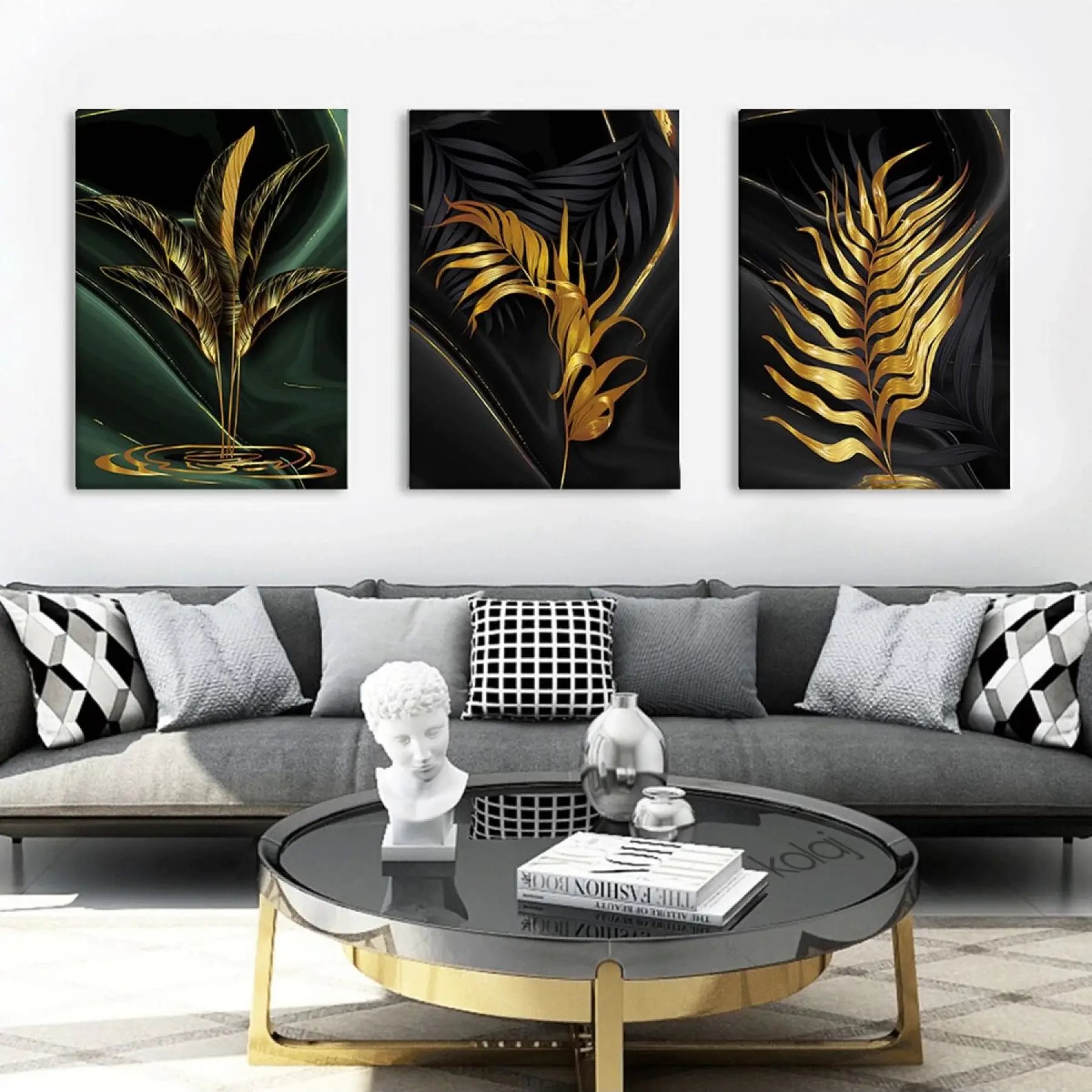 Modern Soyut Altın Yapraklar 3lü Dekoratif Kanvas Tablo Seti