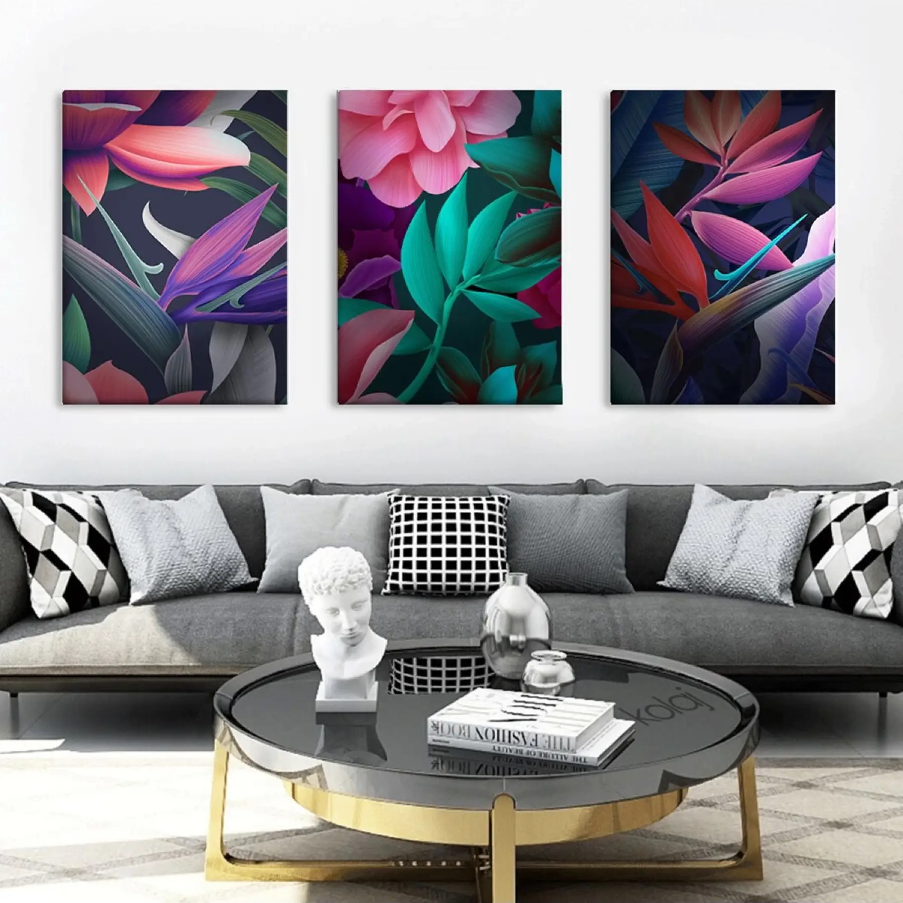 Soyut Botanik Sanat Renkli Yapraklar Üçlü Kanvas Tablo Takımı