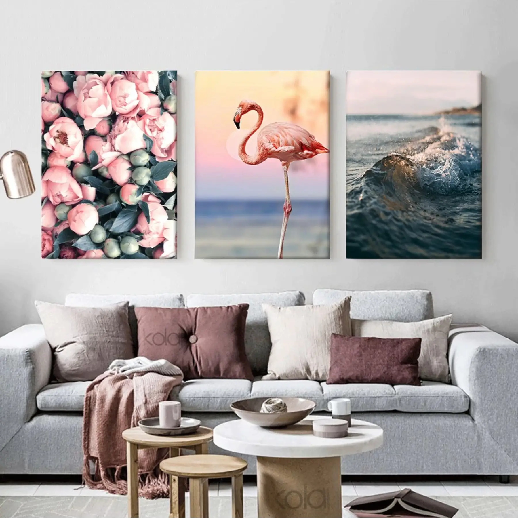 Pembe Çiçekler Flamingo ve Dalgalar 3lü Kombin Kanvas Tablo Seti
