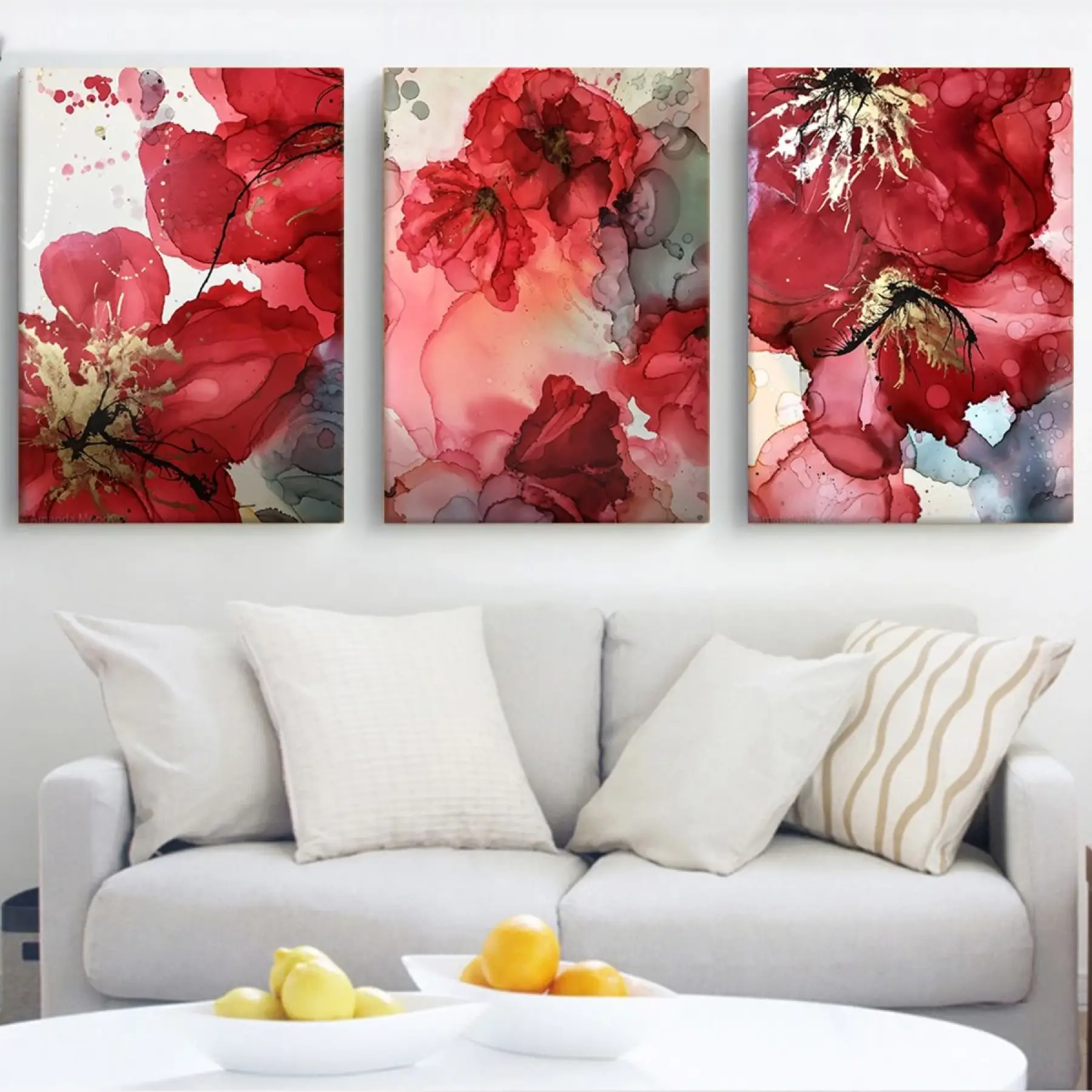 Dekoratif Kırmızı Gelincik Çiçekleri Üçlü Kombin Kanvas Tablo Seti