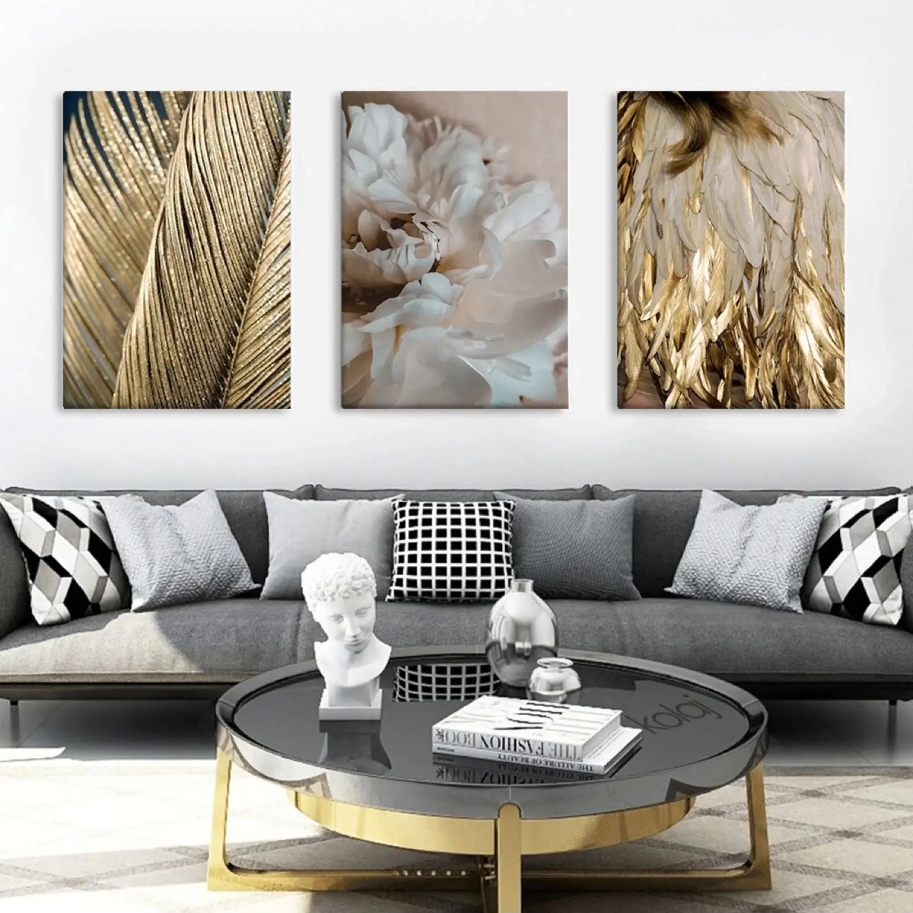 Kolaj Kanvas Tablo Seti - Altın Renkli Tüyler Modern 3lü Kombin