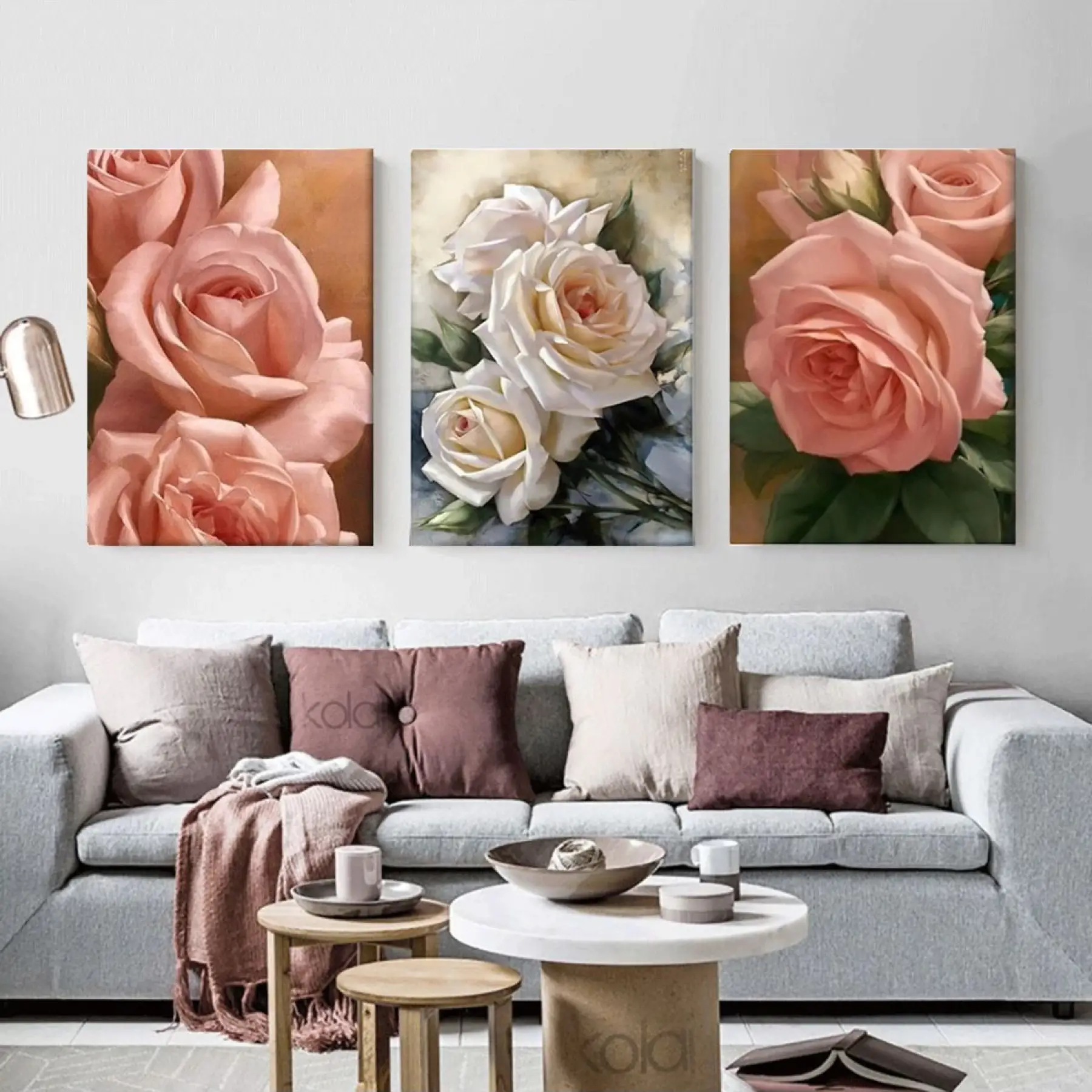 Yağlı Boya Dokulu Dekoratif Güller Üçlü Kanvas Tablo Seti