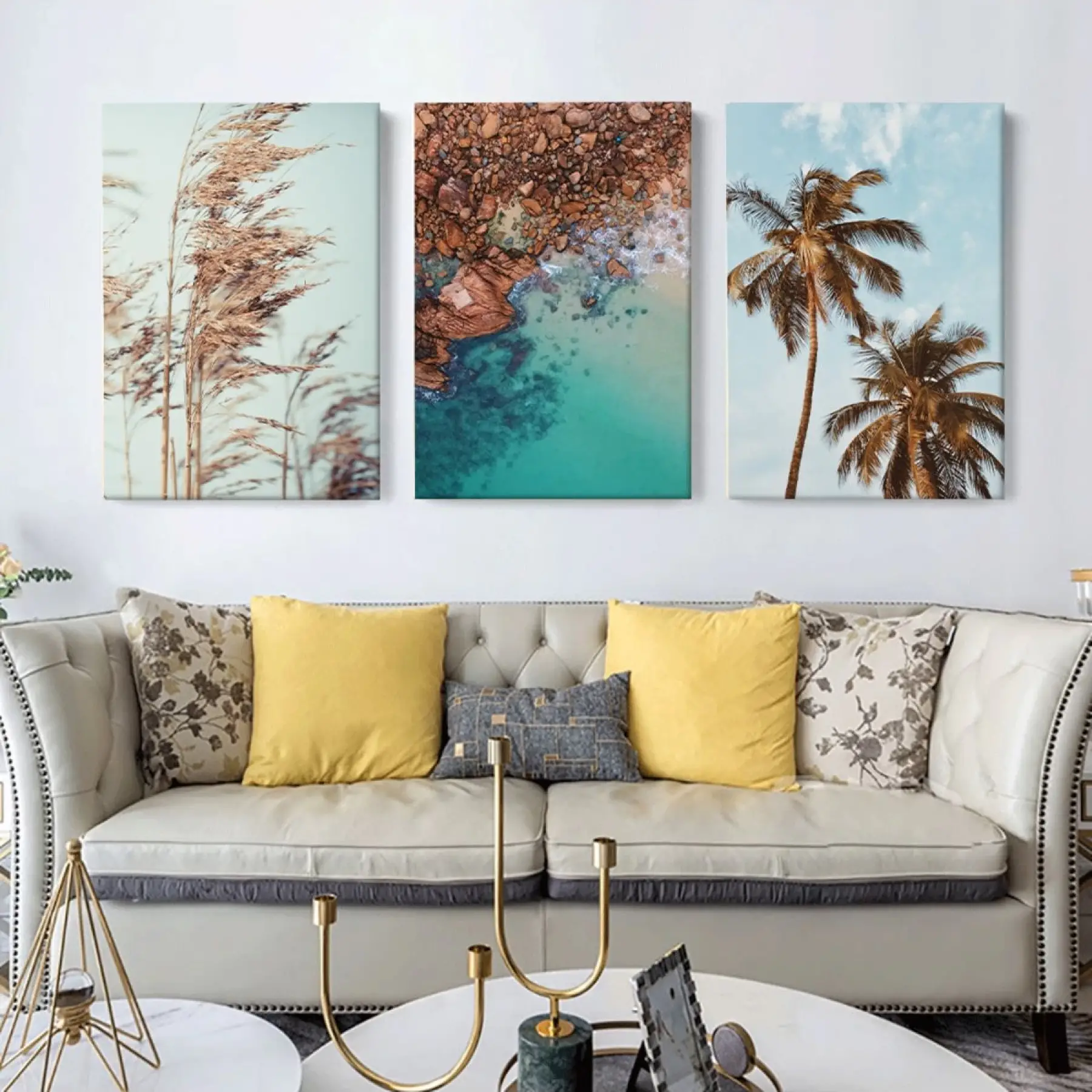 Okyanus ve Palmiye Ağaçları 3lü Kanvas Tablo Takımı