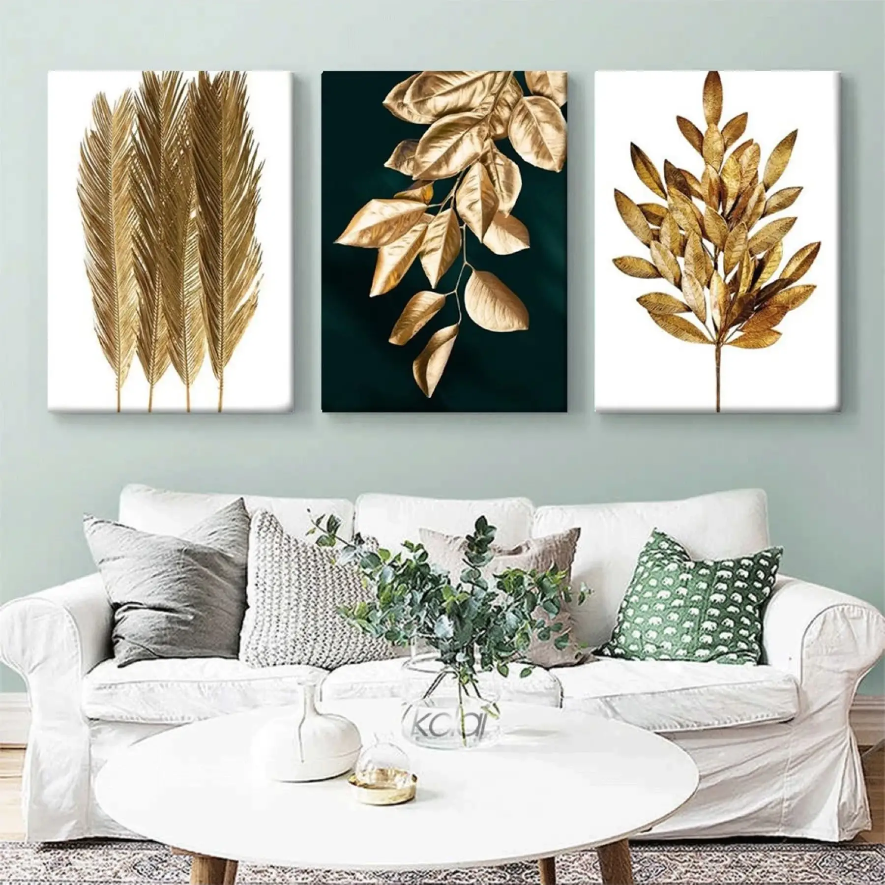 Modern Altın Yapraklar Üç Parçalı Kanvas Tablo