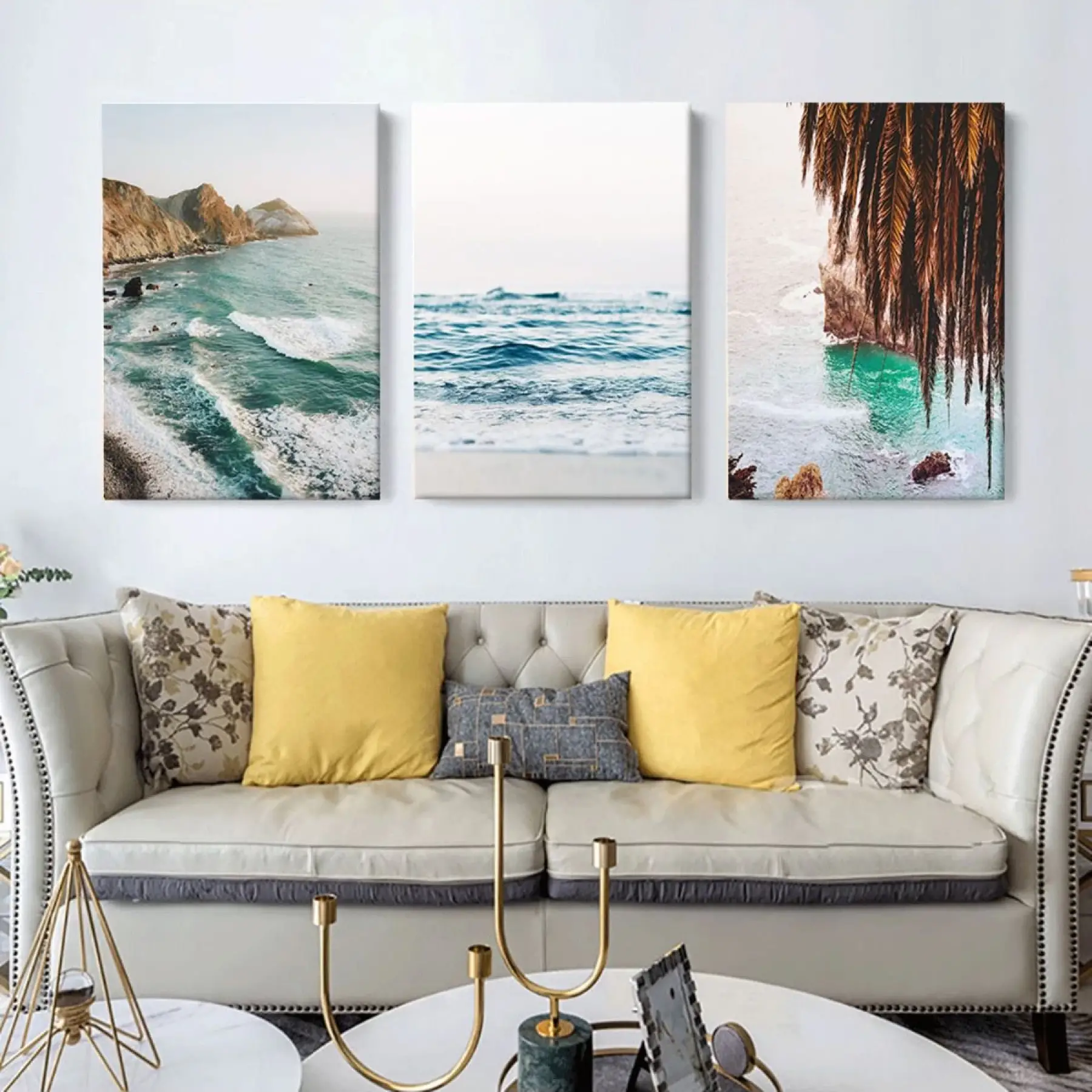 Okyanus Kıyısı Deniz Manzarası Dekoratif 3lü Kanvas Tablo Seti