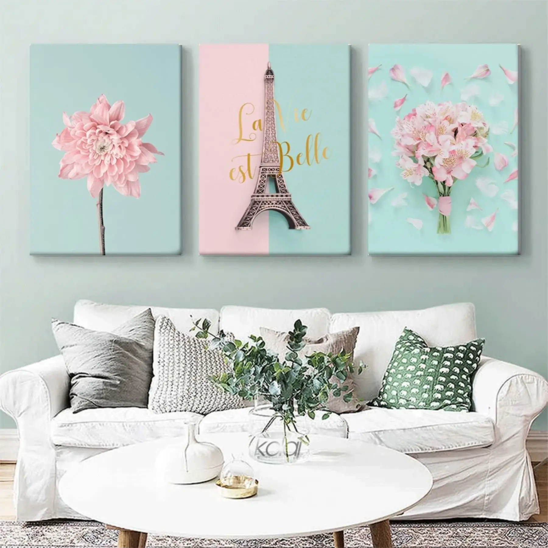 Eyfel Kulesi ve Pembe Çiçekler Üç Parçalı Kanvas Tablo Seti