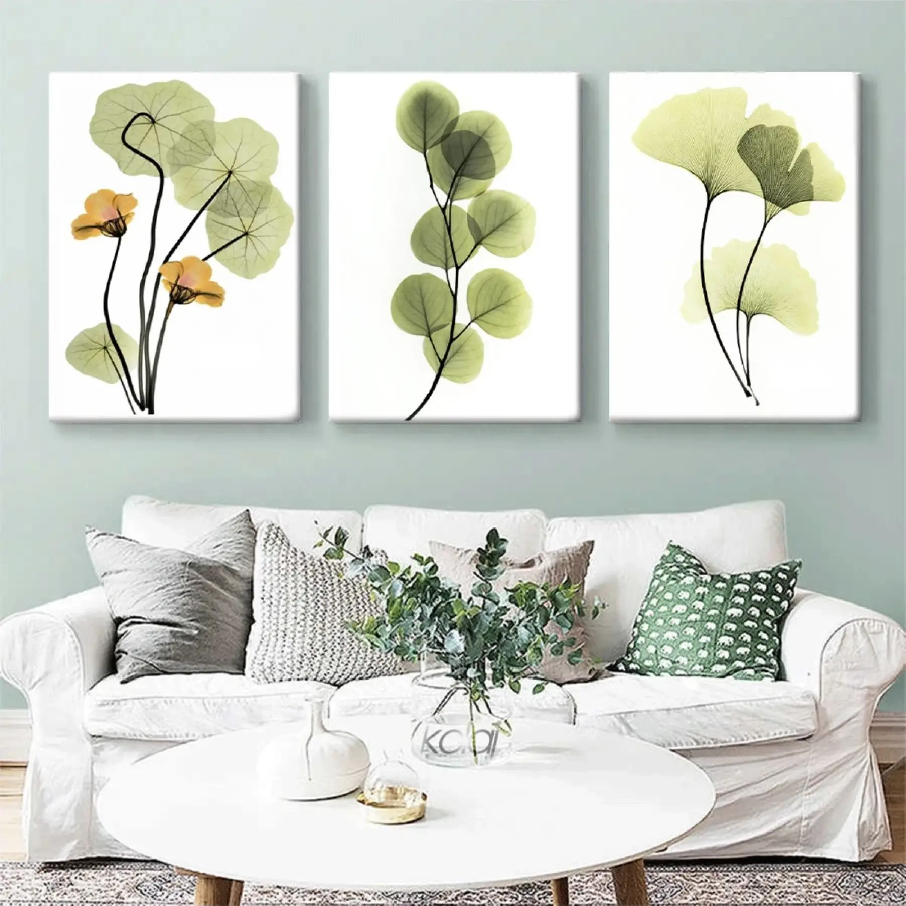 Bitkilerle Duvar Sanatı Yeşil Yapraklar Dekoratif Kanvas Üçlü Tablo Seti