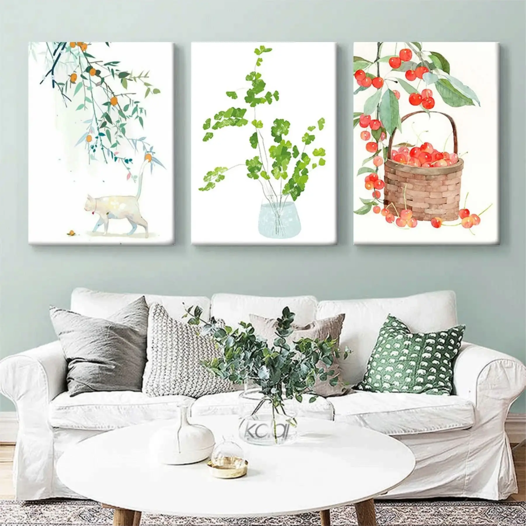 Country Tarzı Suluboya Konsept Kiraz Dalları ve Bitkiler 3lü Kanvas Tablo Seti