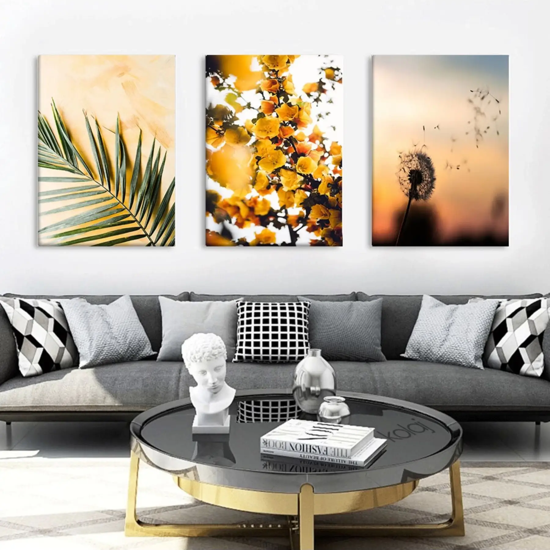 Palmiye Bahar Yaprakları ve Karahindiba Üçlü Kanvas Tablo Seti