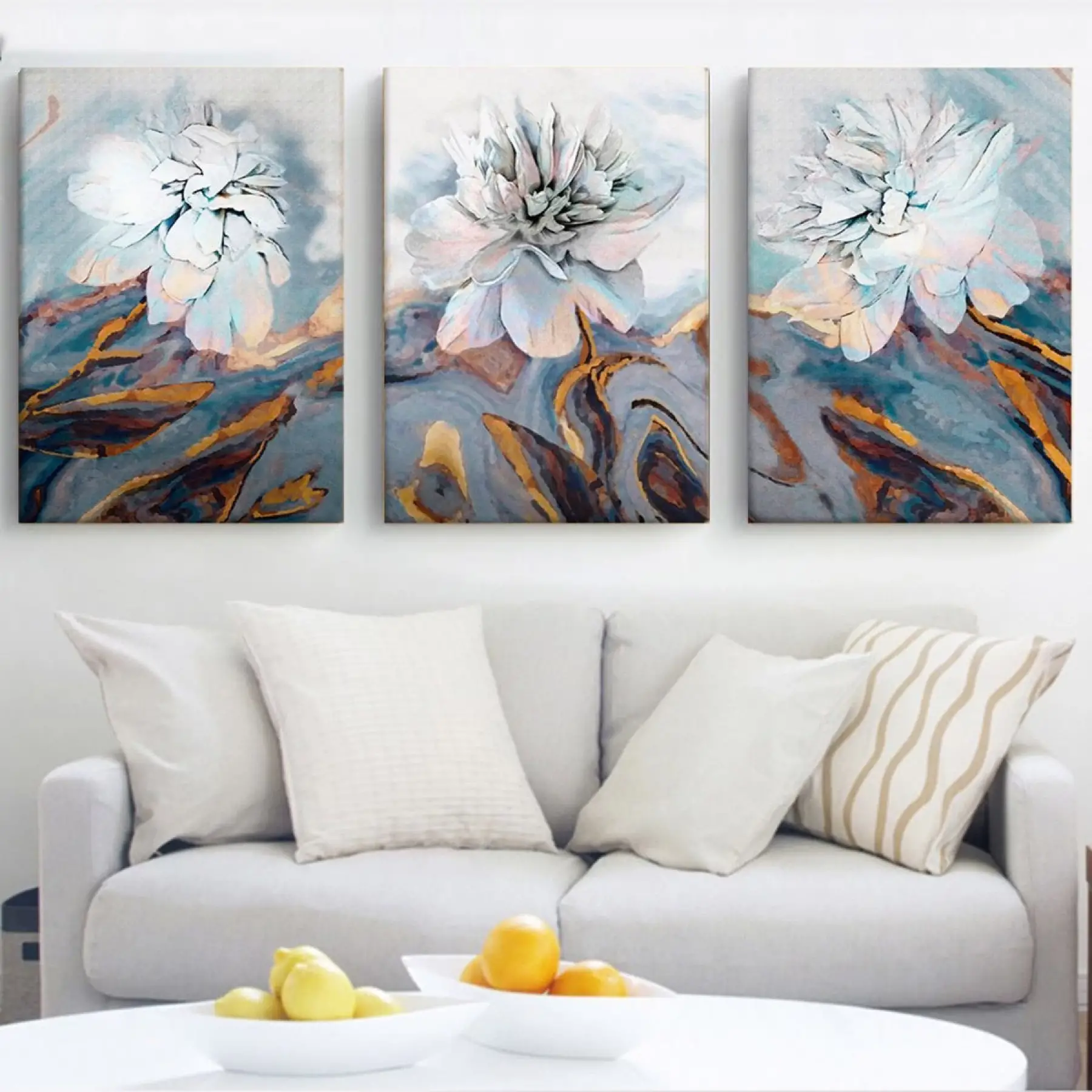 Soyut Beyaz Çiçekler Dekoratif 3lü Kanvas Tablo Seti