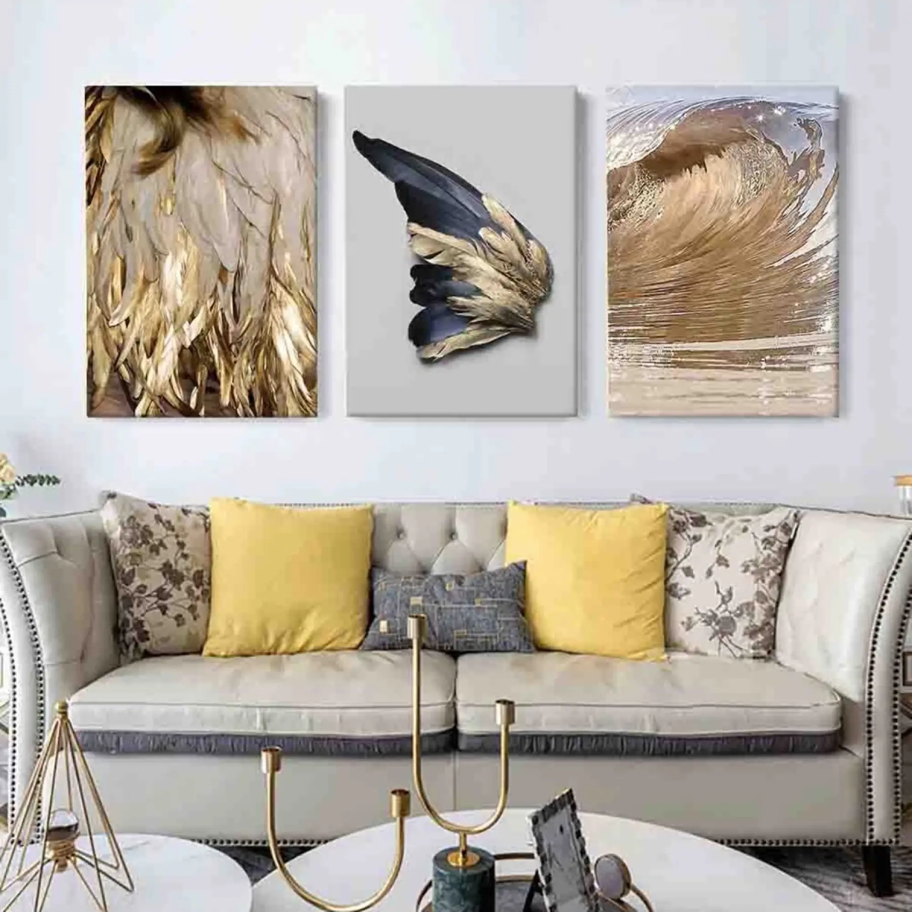 Altının Sessiz Ezgisi: Kuş Tüyleri, Kanat ve Deniz Dalgası Üçlü Kanvas Tablo Seti