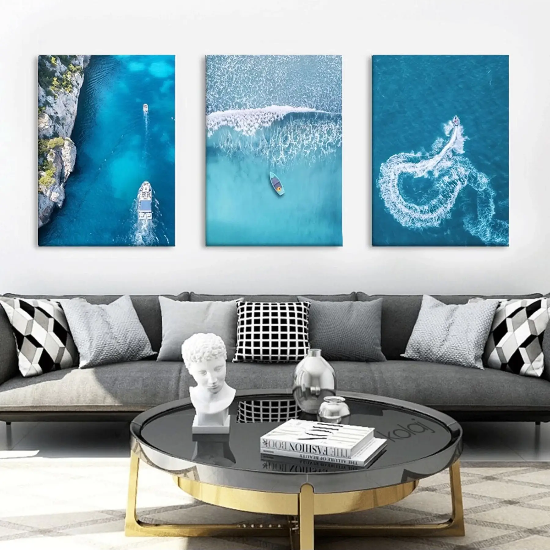 Mavi Rüyalar: Okyanus Manzaralı Dekoratif Üçlü Kanvas Tablo Seti