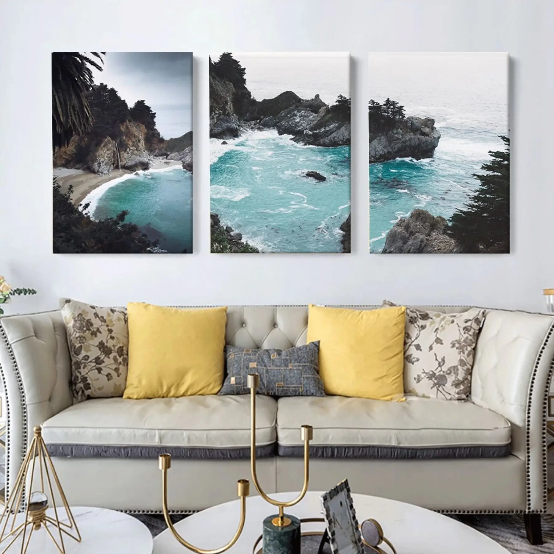 Muhteşem Deniz Manzarası Dekoratif Üçlü Kanvas Duvar Tablosu