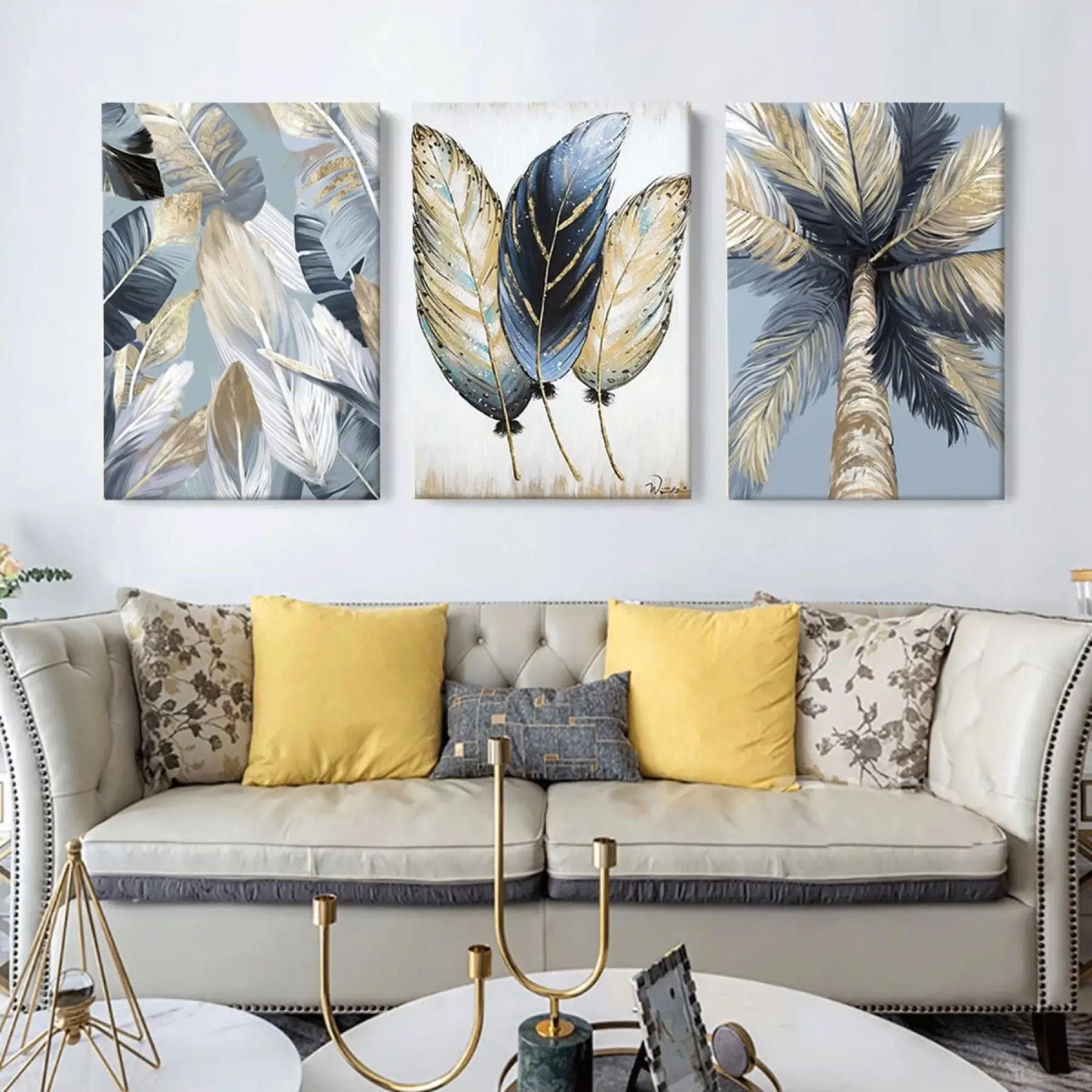 Altın Konsept 3lü Kombin Dekoratif Kanvas Tablo Seti