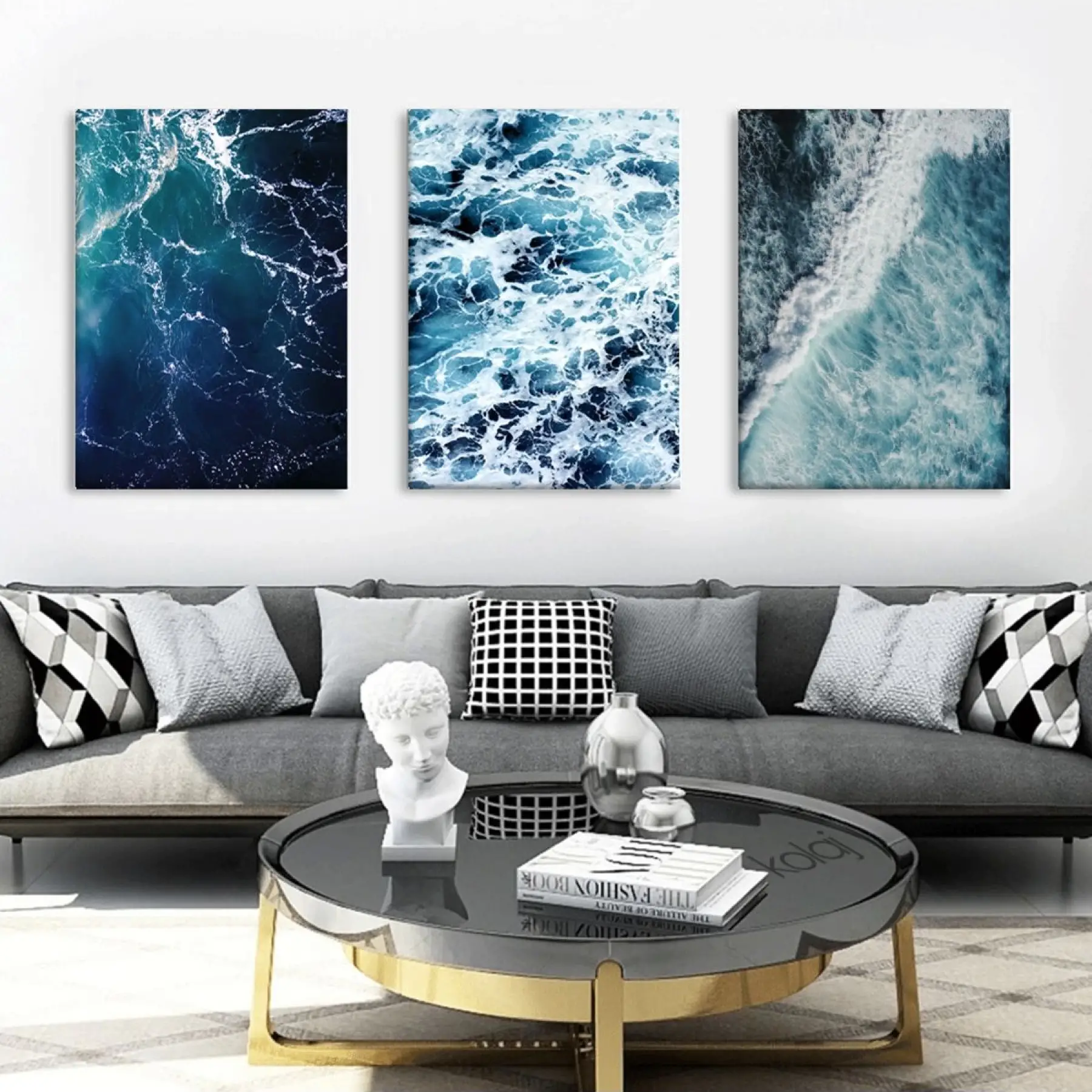 Mavi Okyanus Köpüren Dalgalar Üç Parçalı Kanvas Tablo Seti