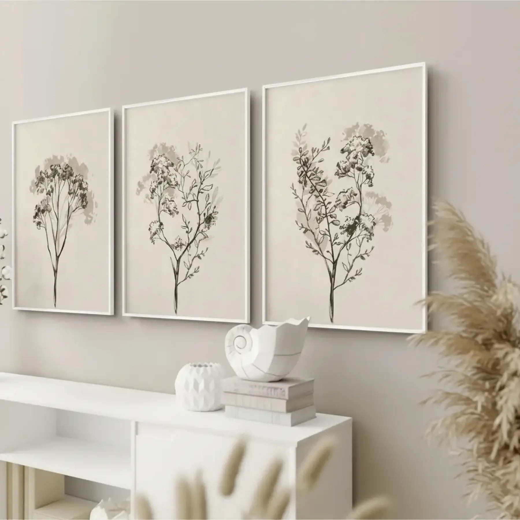 Minimalist Çiçek Eskizli Krem Tonlu Beyaz Metal Çerçeveli Cam Tablo