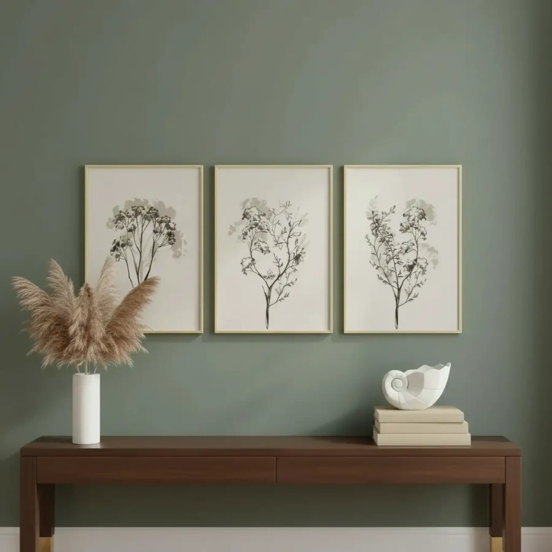 Minimalist Çiçek Eskizli Krem Tonlu Gold Metal Çerçeveli Cam Tablo