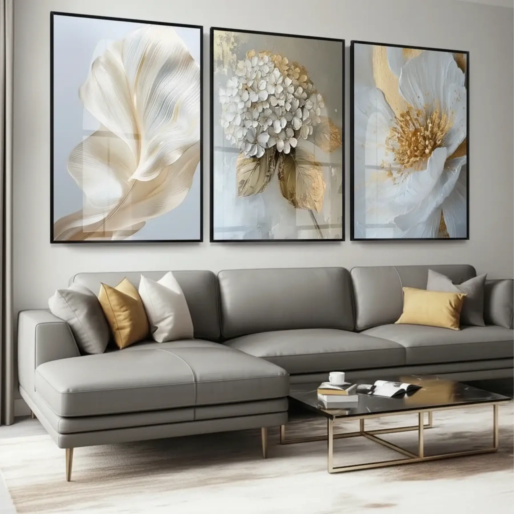 Çiçek Desenli Altın Detaylı Siyah Metal Çerçeveli Cam Tablo