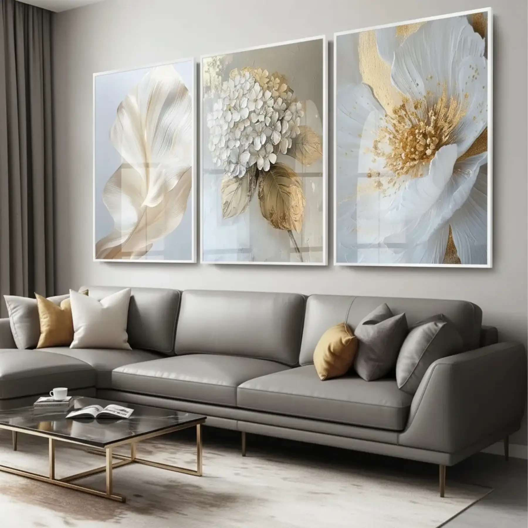 Çiçek Desenli Altın Detaylı Beyaz Metal Çerçeveli Cam Tablo