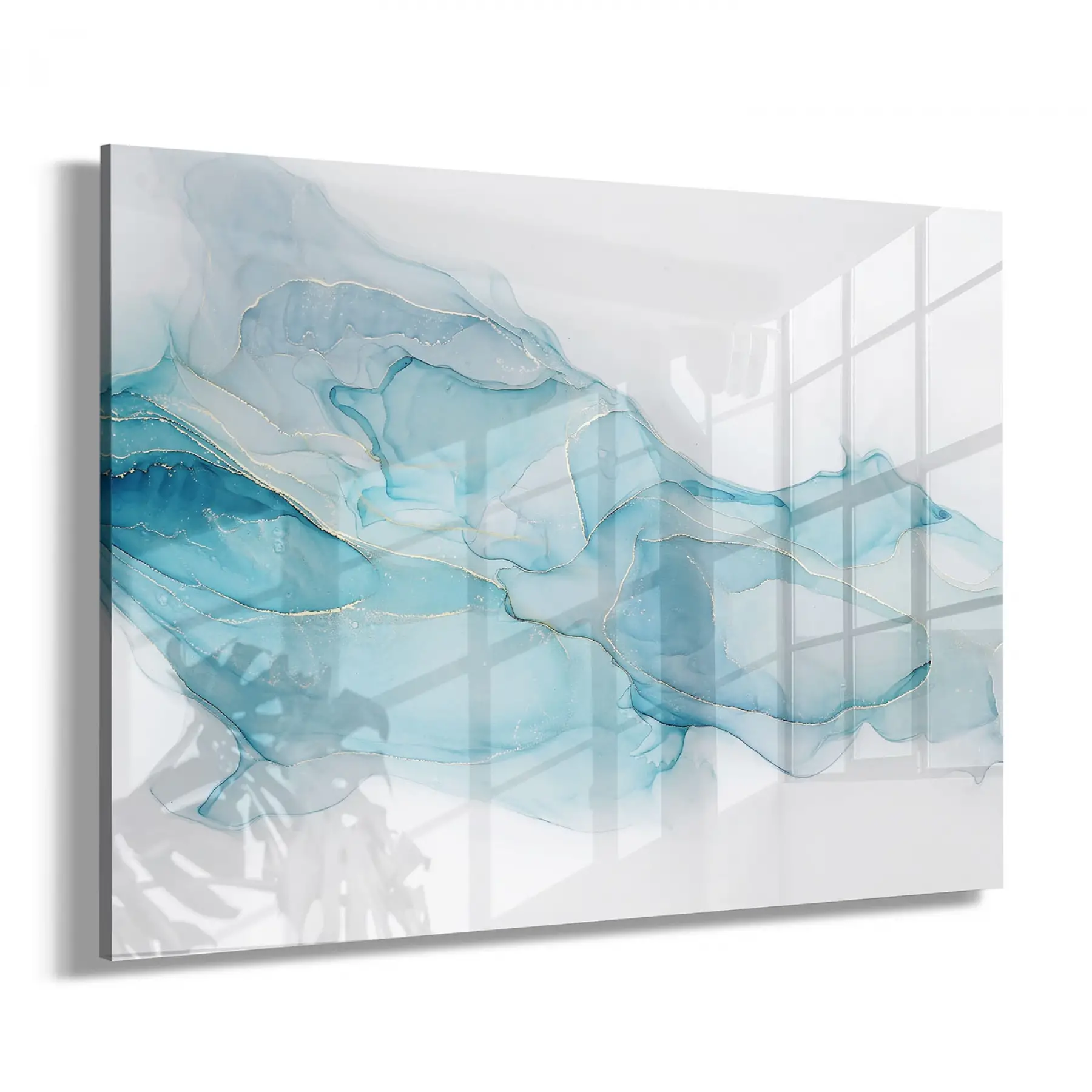 Açık Mavi ve Beyaz Tonlar Tekli Yatay Cam Tablo