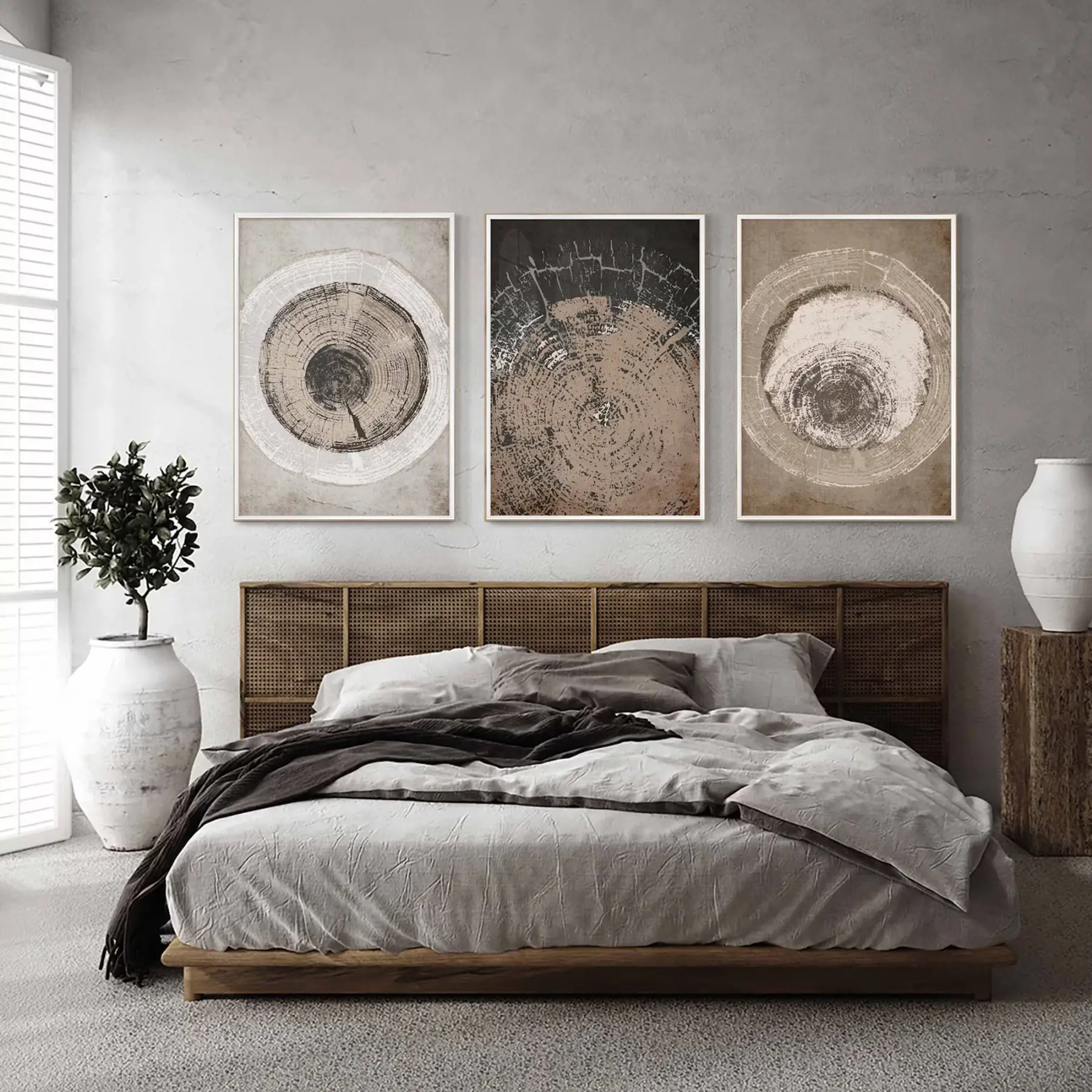 Ağaç Halkaları Desenli Ahşap Tonlarında Modern Beyaz Çerçeveli Cam Tablo