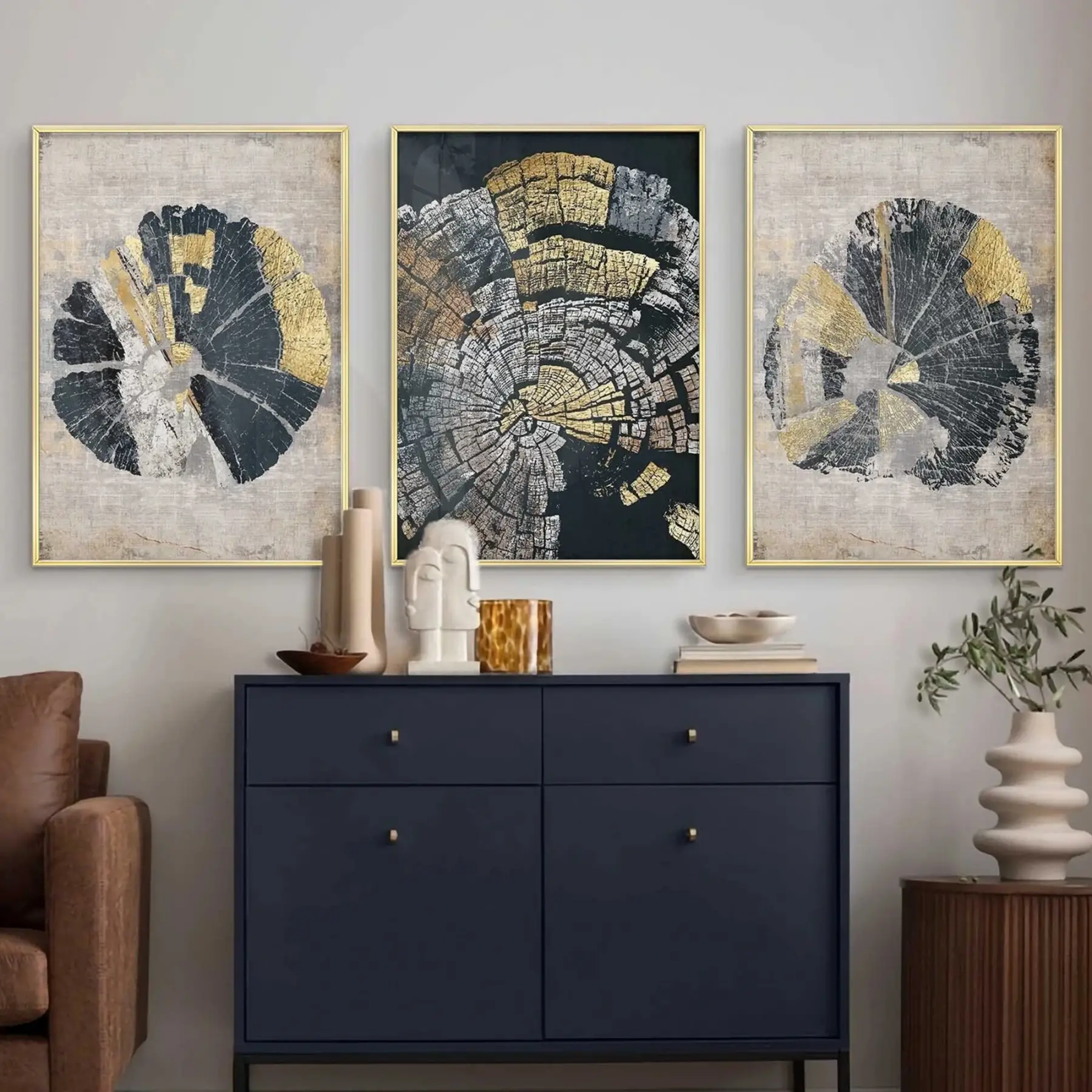 Ağaç Halkaları Desenli Gold Metal Çerçeveli Cam Tablo