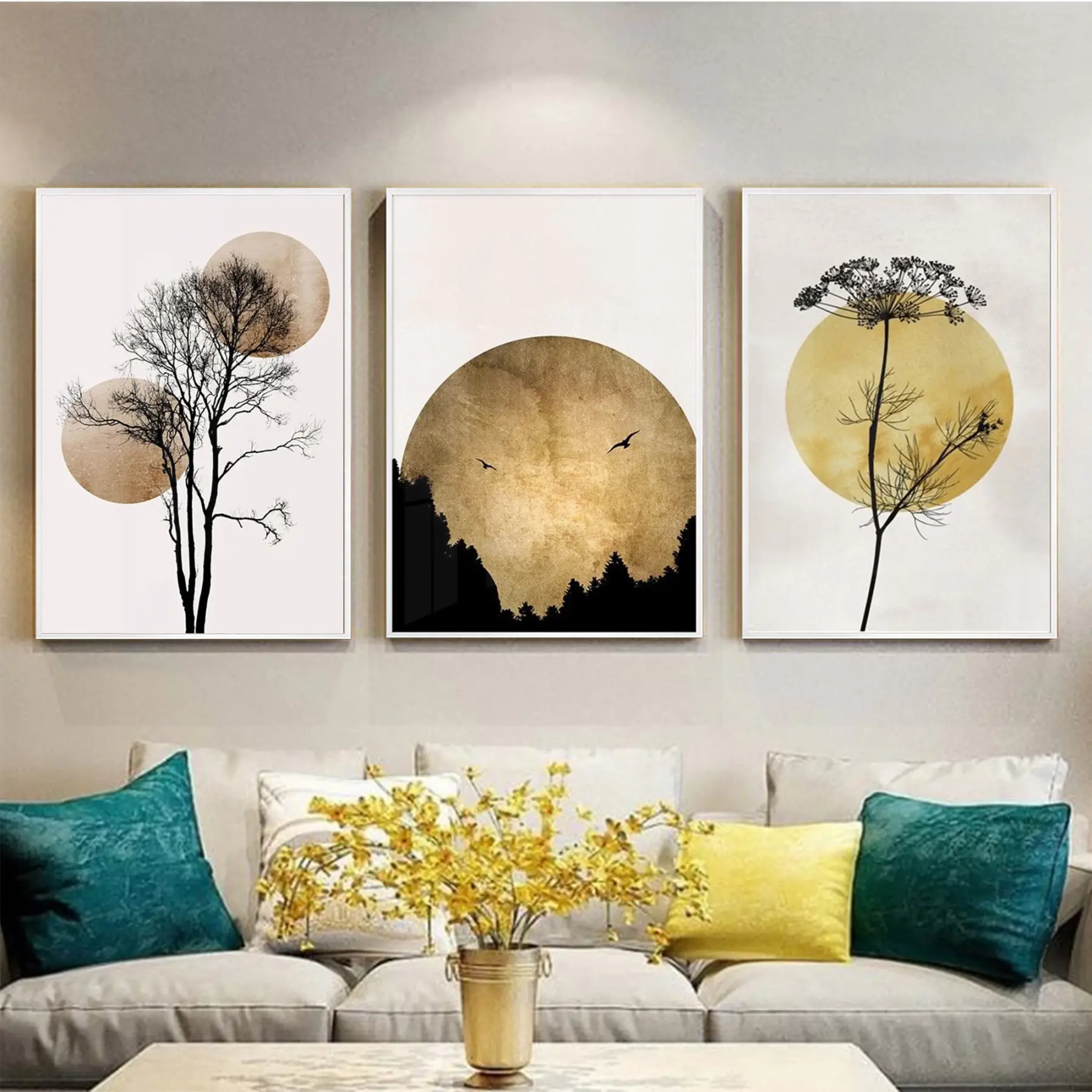 Ağaç Ve Küre Desenli Metal Çerçeveli Tablo Seti Beyaz