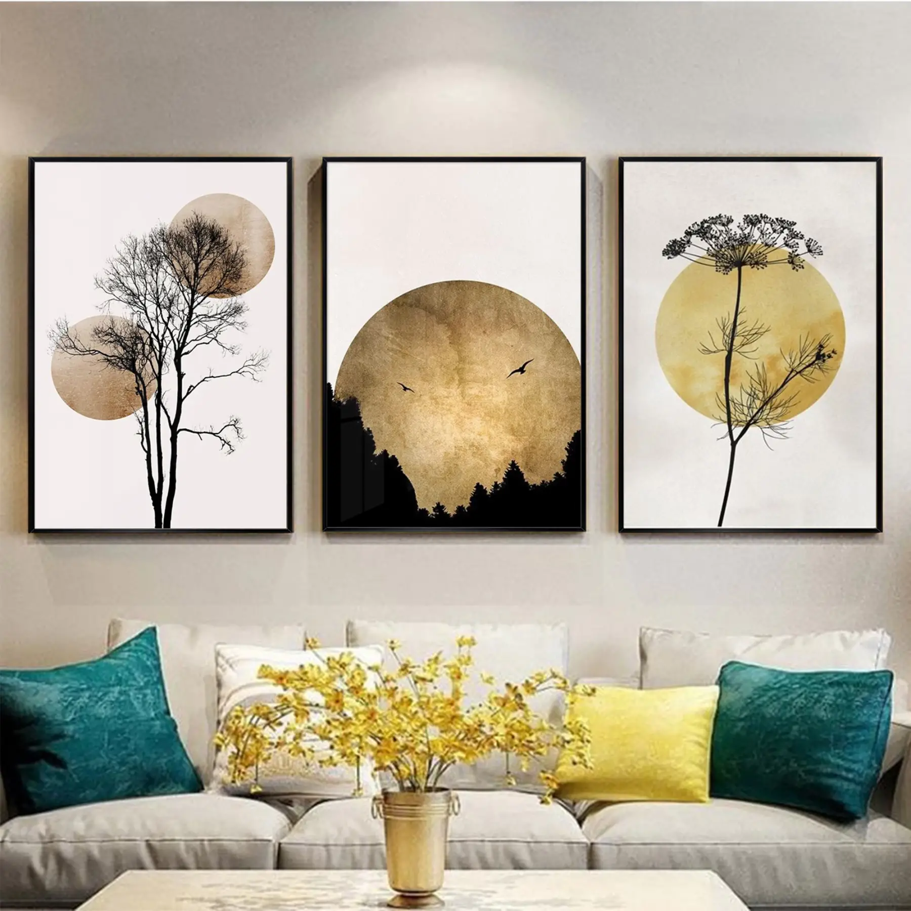 Ağaç Ve Küre Desenli Metal Çerçeveli Tablo Seti Siyah