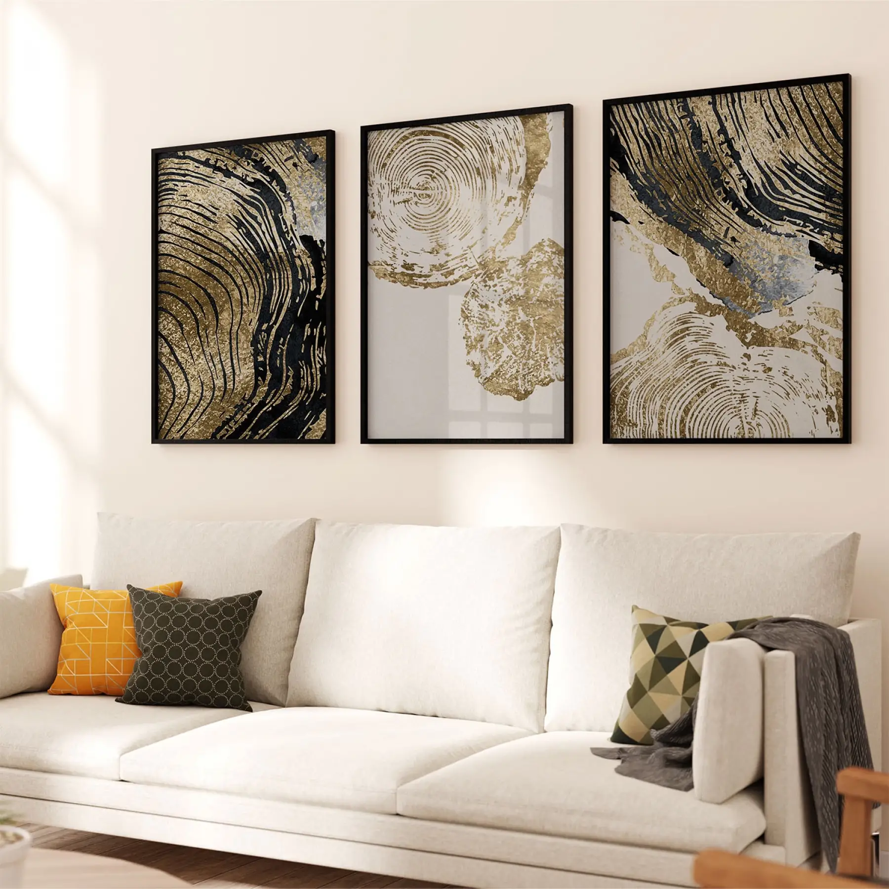 Altın Ağaçlar Desenli Üçlü Metal Çerçeveli Tablo Seti