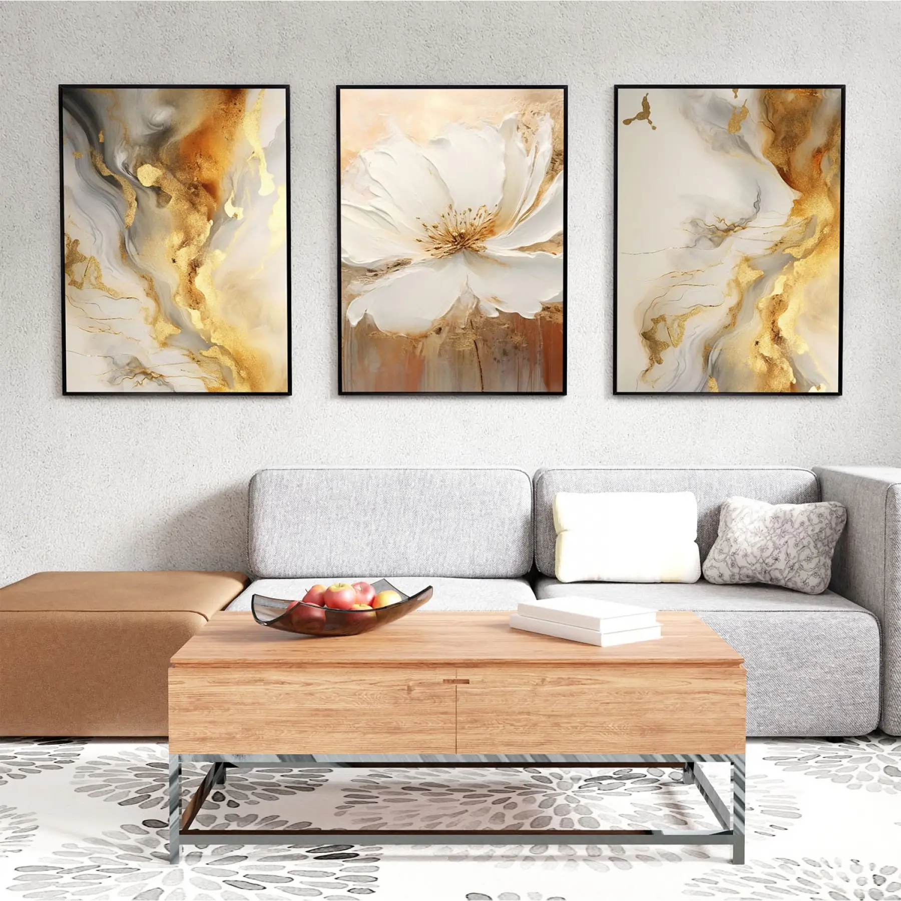 Altın Çiçekler Temalı Üçlü Metal Çerçeveli Tablo Seti