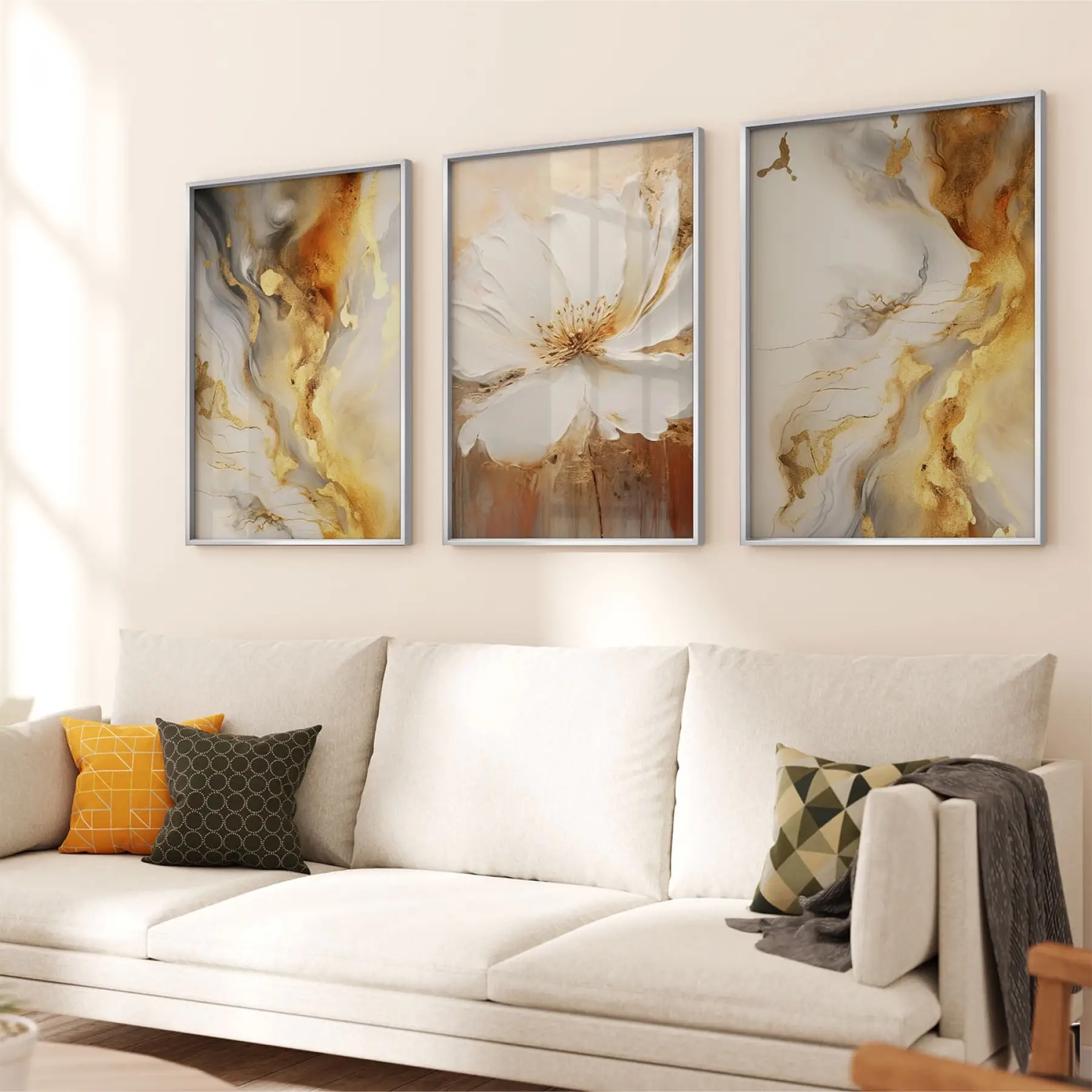 Altın Çiçekler Temalı Üçlü Metal Çerçeveli Tablo Seti
