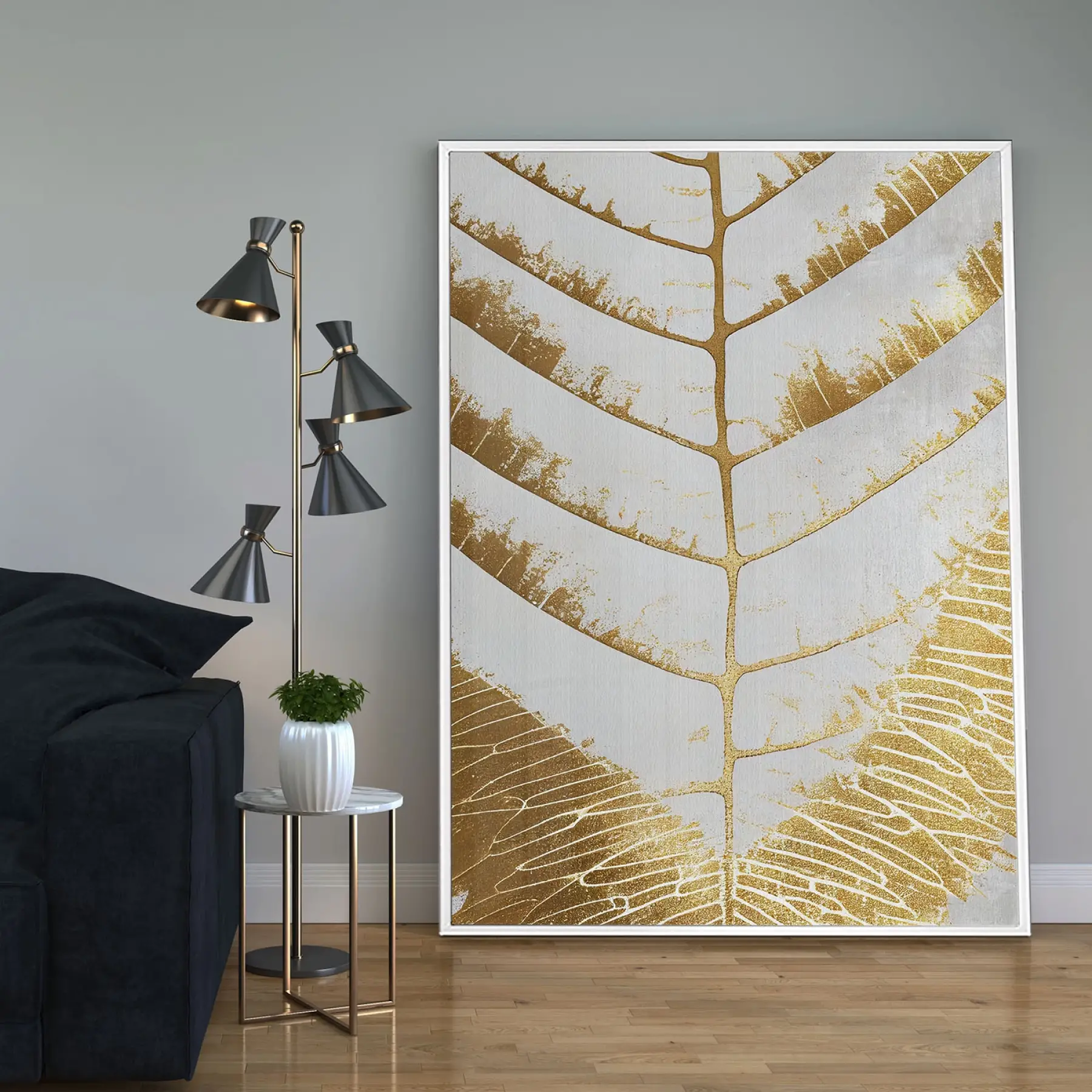 Altın ve Gri Tonlar Tekli Metal Çerçeveli Tablo