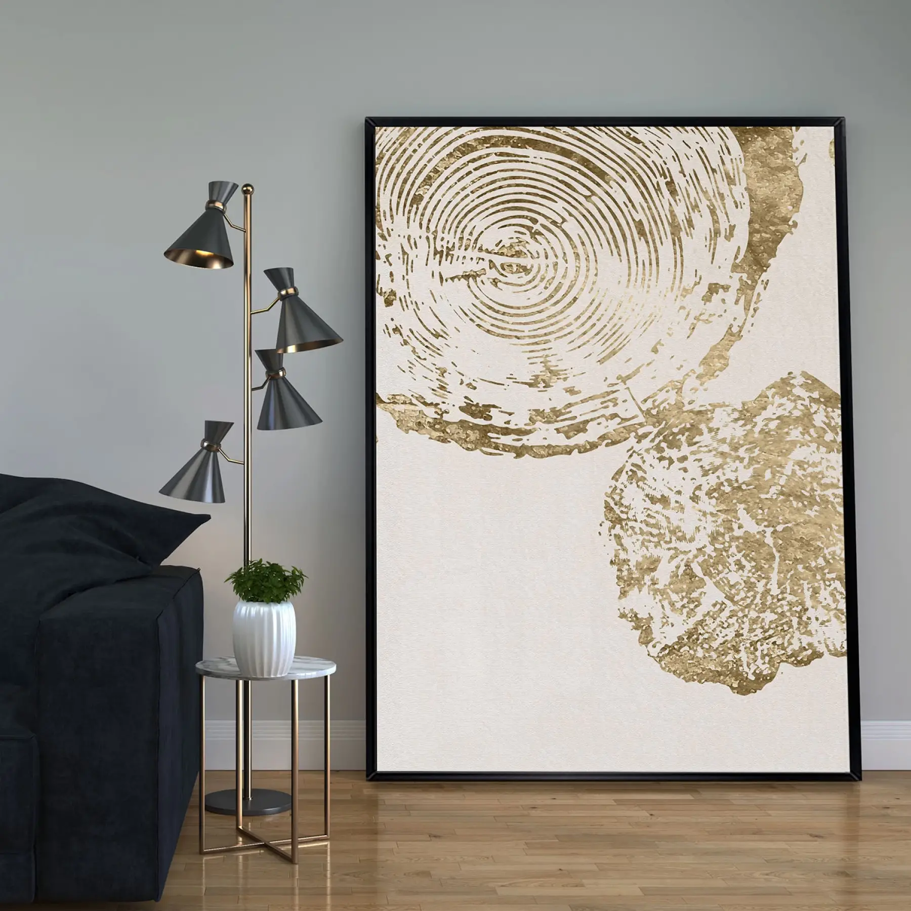 Beyaz ve Gold Desenli Tekli Metal Çerçeveli Tablo