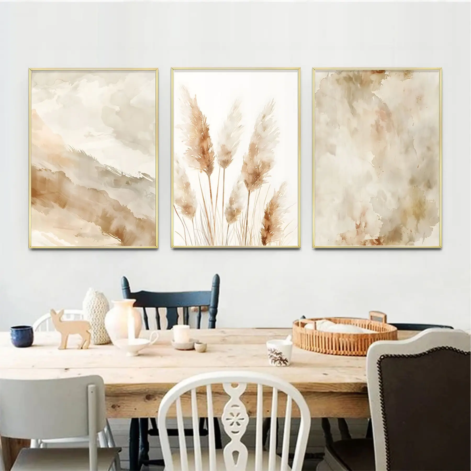 Beyaz ve Krem Detaylı Üçlü Metal Çerçeveli Tablo Seti